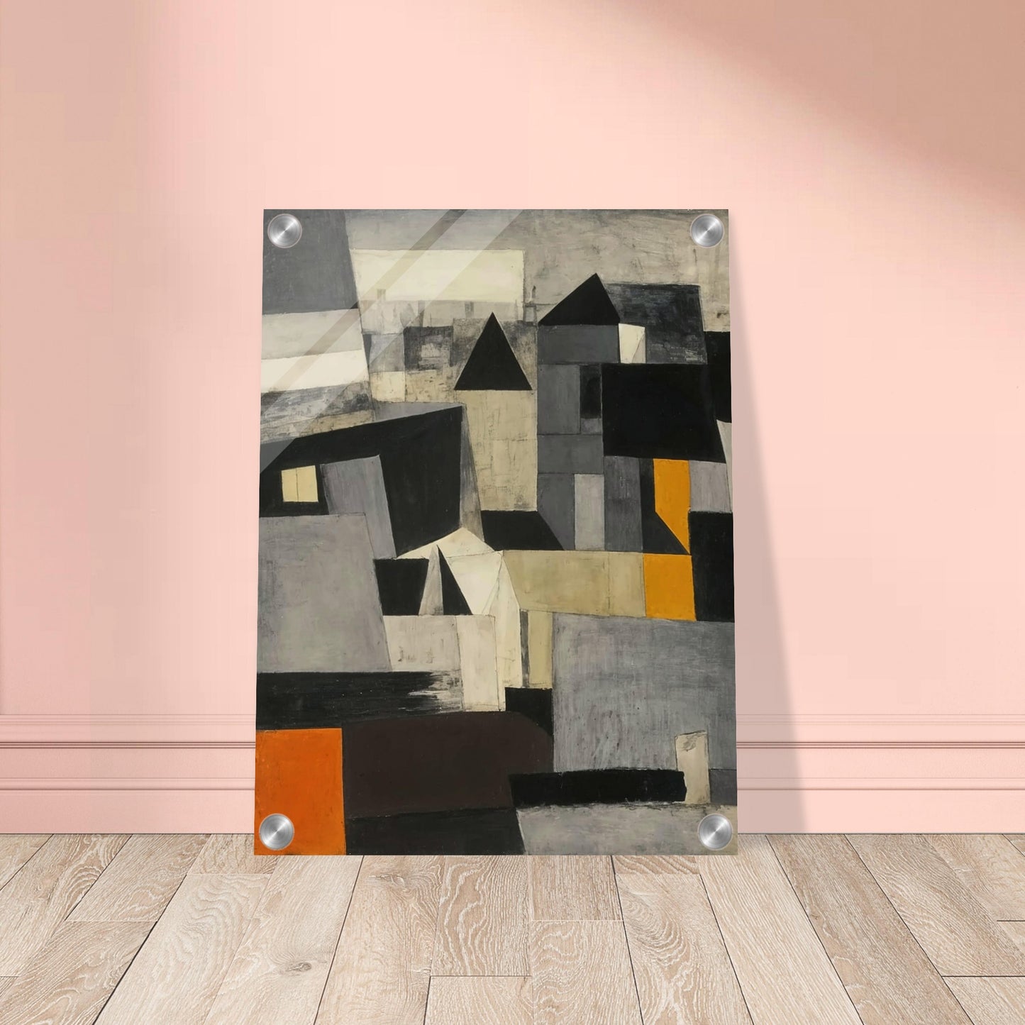 A dynamic composition of fragmented cityscape elements in shades of gray, black, and orange, creating an intriguing visual narrative.