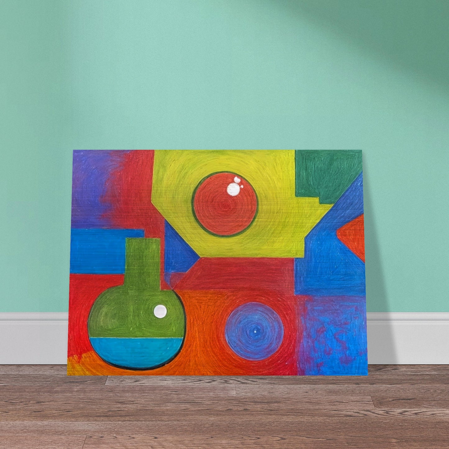 A colorful abstract composition featuring vibrant geometric shapes in bold reds, greens, blues, and yellows, creating a playful and dynamic visual arrangement.