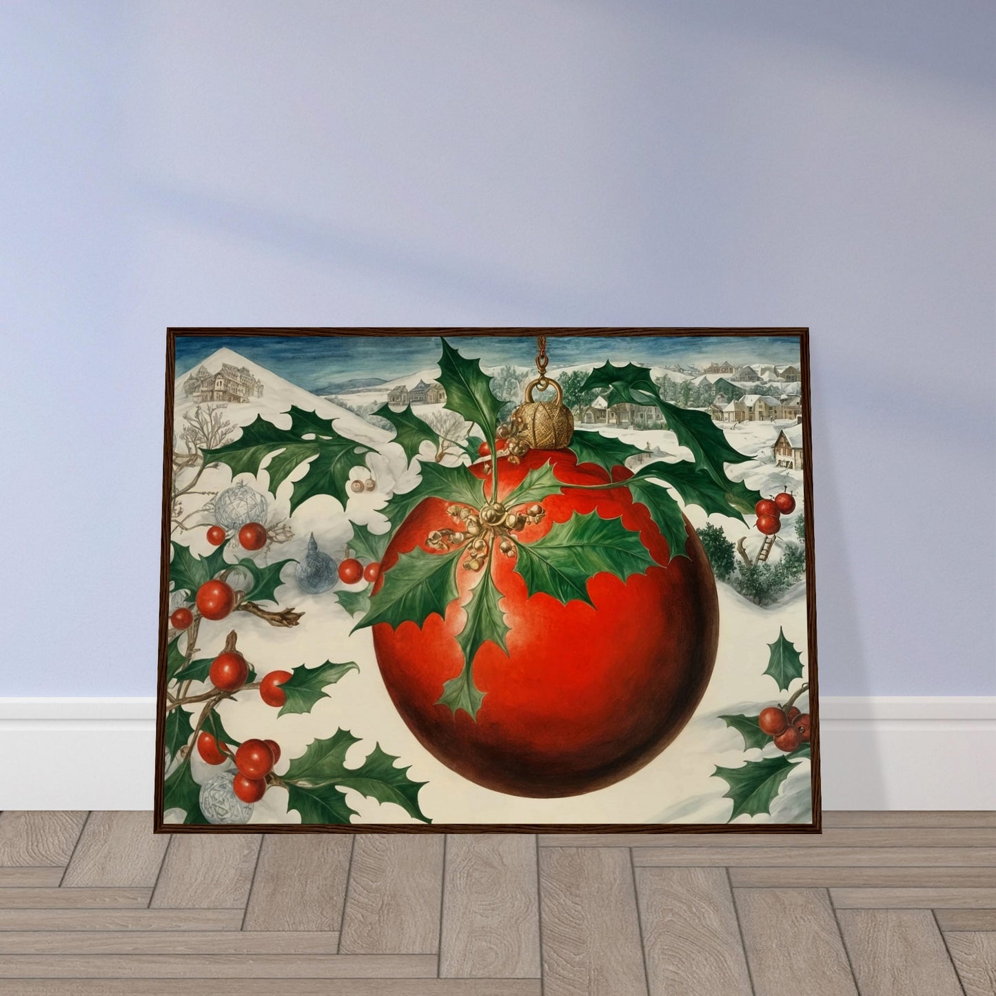 A large red Christmas ornament adorned with holly leaves and berries, set against a snowy village landscape, evoking the holiday spirit in a wintry setting.