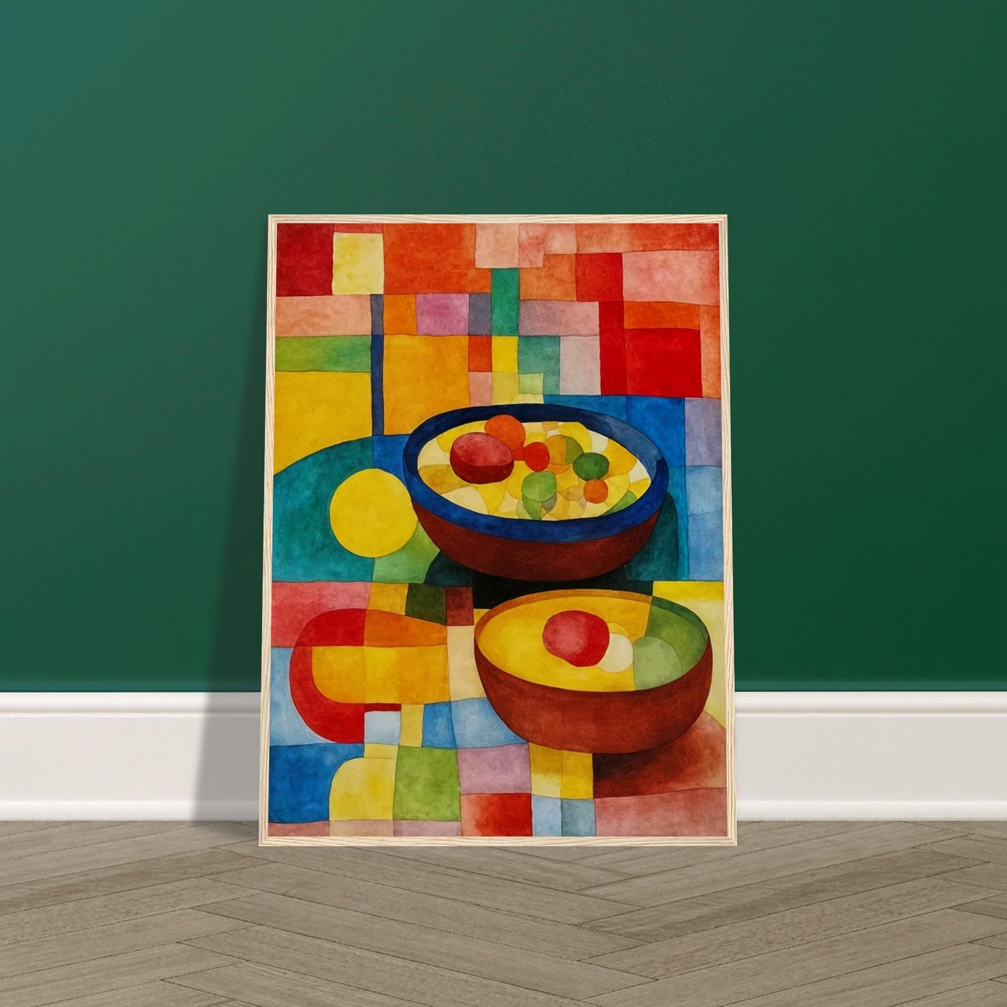 Brightly colored bowls filled with vibrant fruits rest on a multicolored geometric surface, surrounded by warm and cool hues in a mosaic style.