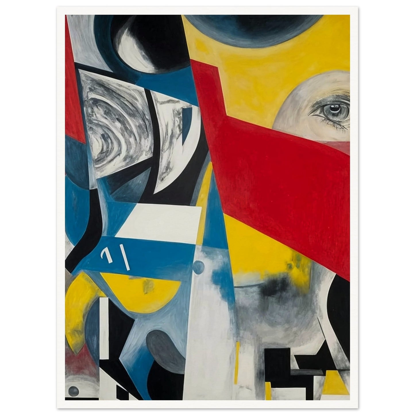 An abstract composition with bold geometric shapes in vibrant colors, including red, yellow, blue, and black. The image features an eye peeking through a red triangular shape, surrounded by swirling patterns and sharp angles, creating a sense of disjointed perception and complexity
