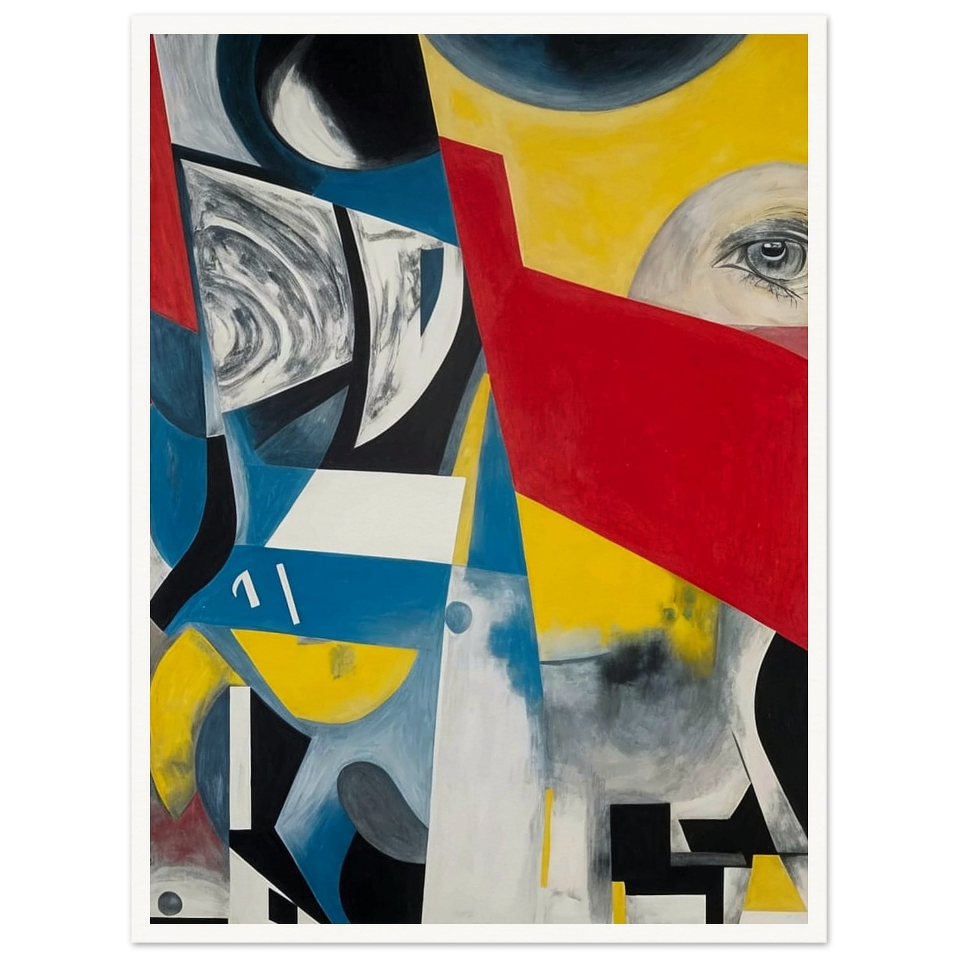 An abstract composition with bold geometric shapes in vibrant colors, including red, yellow, blue, and black. The image features an eye peeking through a red triangular shape, surrounded by swirling patterns and sharp angles, creating a sense of disjointed perception and complexity