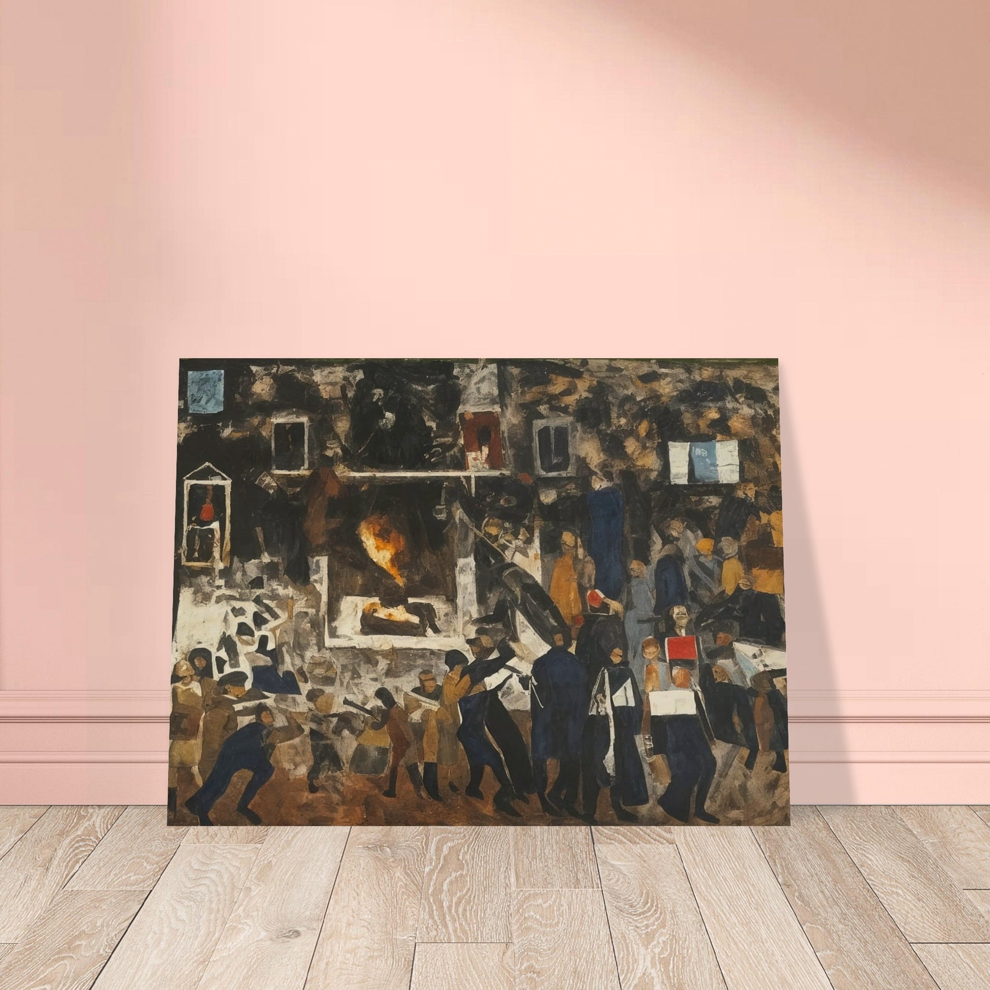 A powerful depiction of a crowded protest scene with figures in motion, conveying the energy and tension of a moment of social unrest.
