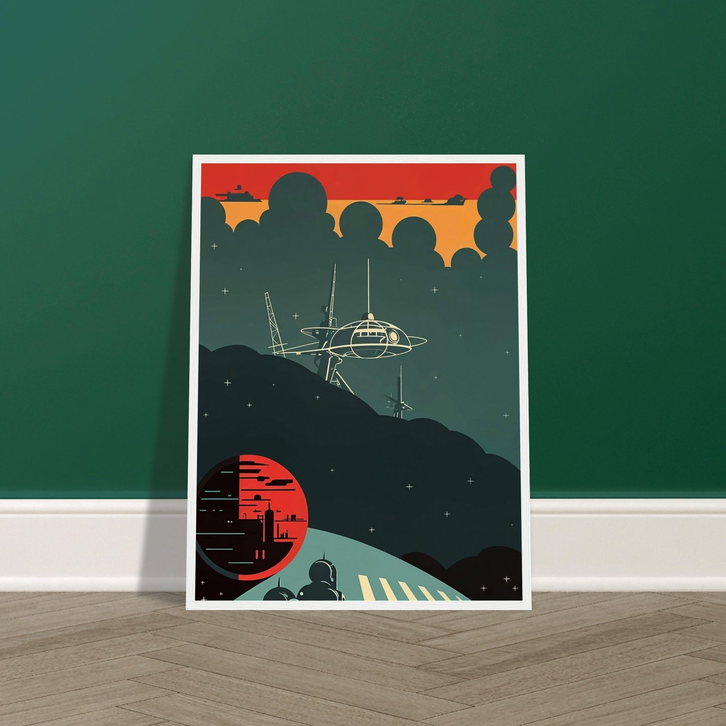 A futuristic scene featuring a space station silhouetted against a dark sky with a glowing red planet in the background, capturing a moment of eerie calm in space.