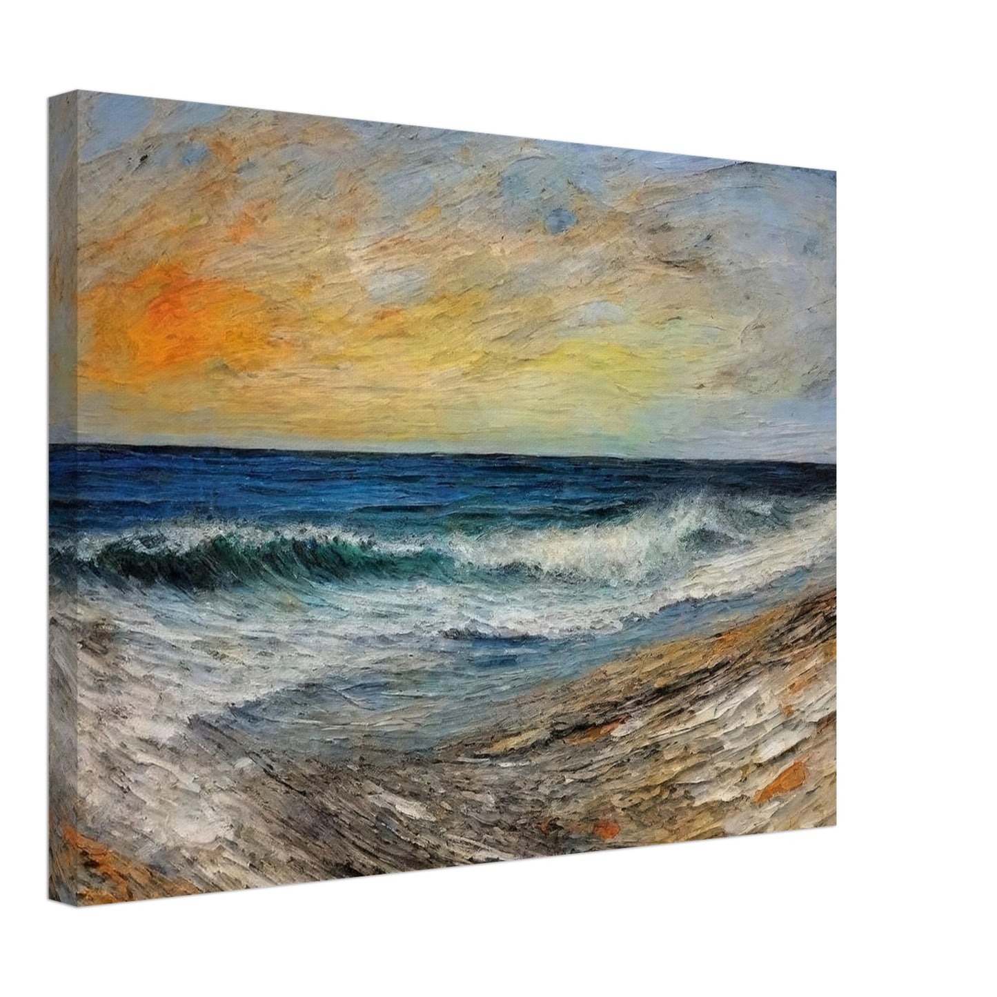 A painting of a serene shoreline at sunset with gentle waves, vibrant orange and yellow sky, and textured sand.
