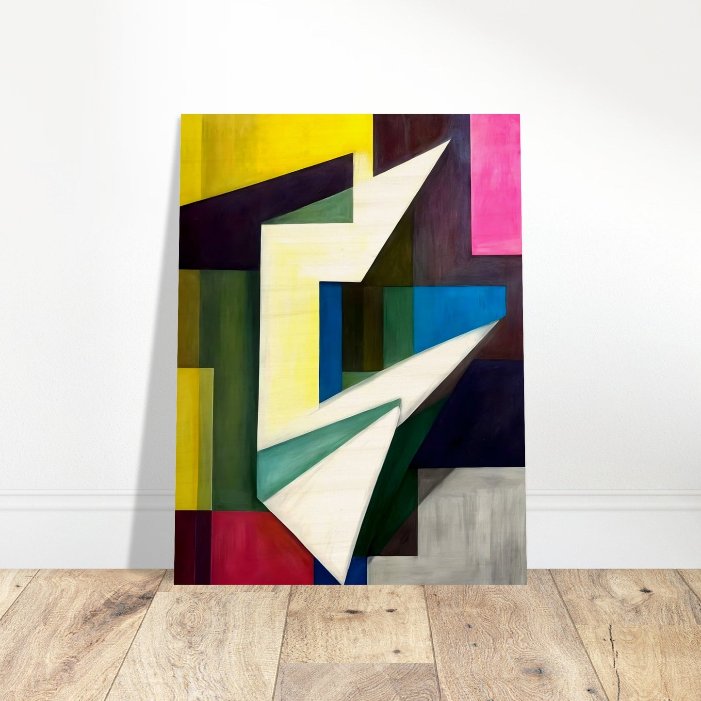 A bold geometric composition featuring sharp angles and planes, with vibrant blocks of yellow, green, blue, and pink forming a dynamic interplay of light and shadow.