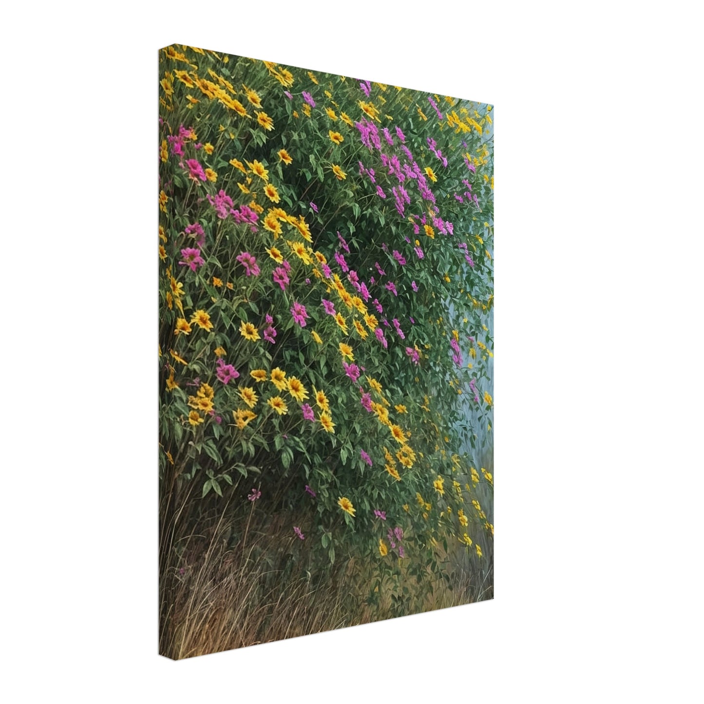 A vibrant painting of yellow and pink wildflowers cascading over a hillside with lush green foliage and tall grass.