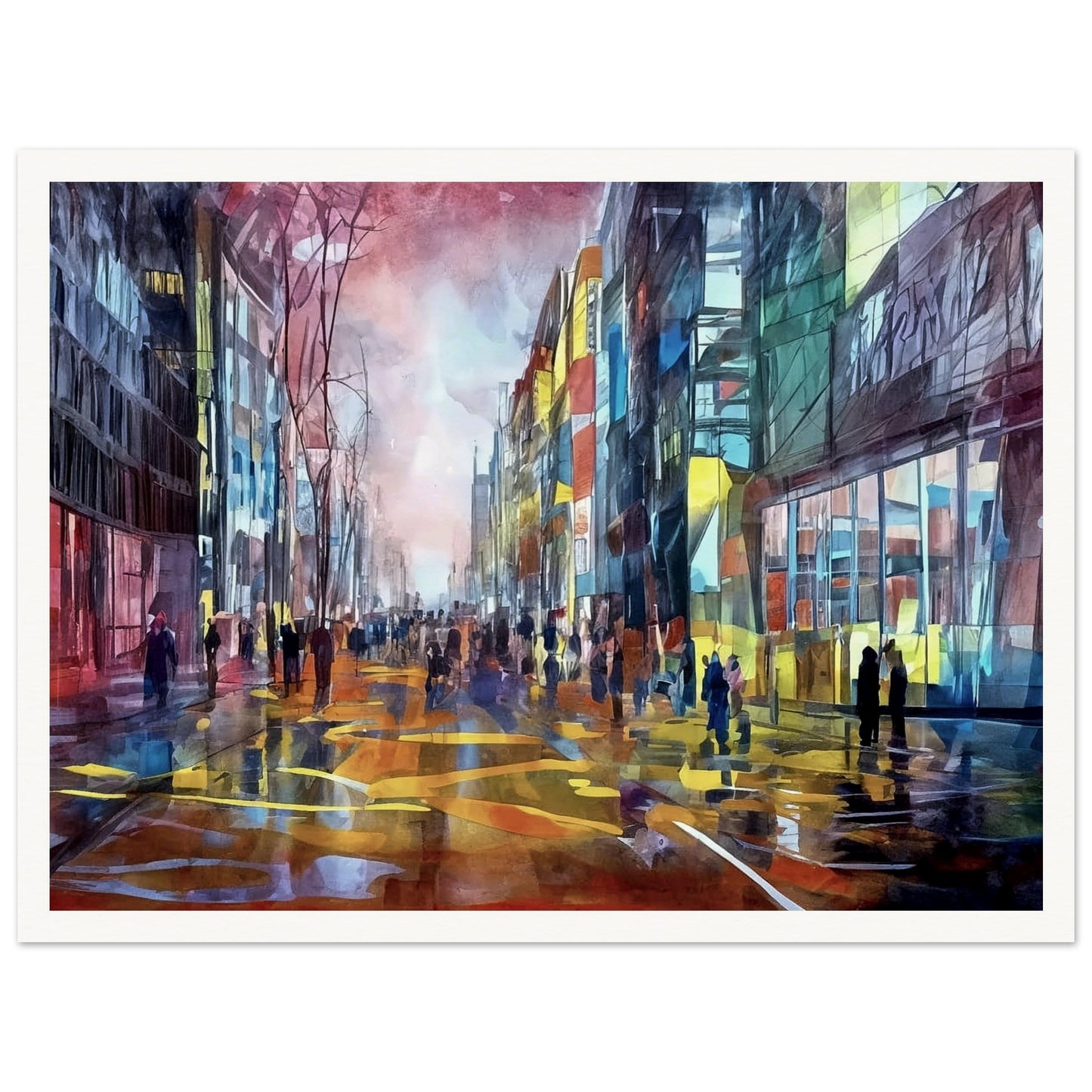 A colorful urban scene depicting people walking down a city street lined with tall buildings, illuminated by vibrant reflections of city lights and set against a dramatic sky.
