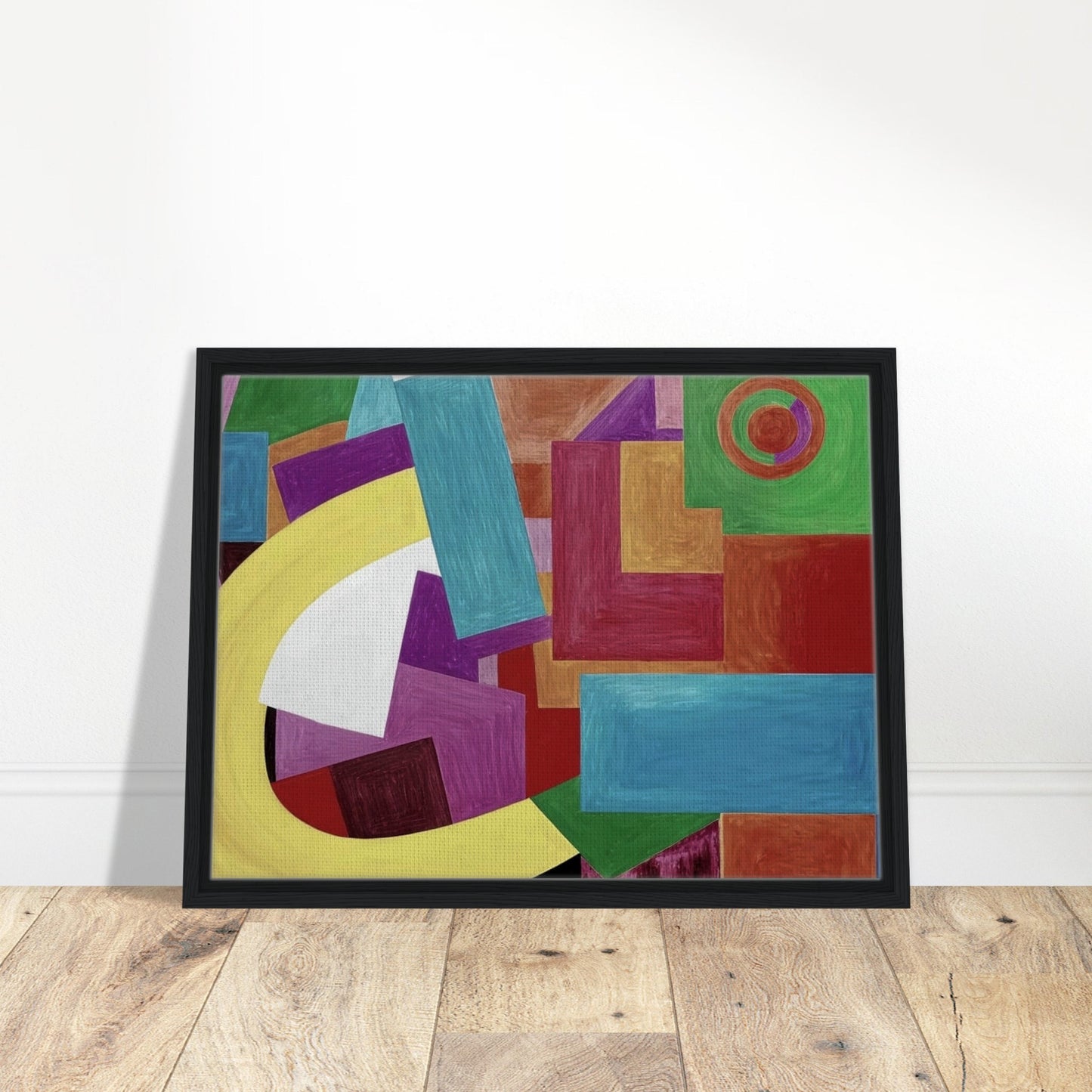 Dynamic composition of colorful geometric shapes, featuring rectangles, squares, and arcs in bold hues of yellow, blue, green, and red.