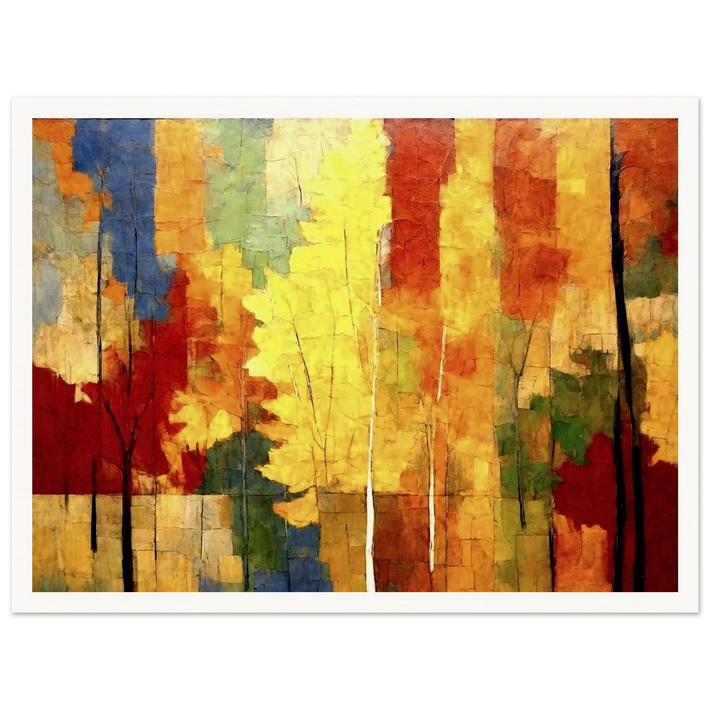 A vibrant painting of autumn trees, featuring bold colors like yellow, red, and orange, with a mix of abstract brush strokes depicting a forest scene.