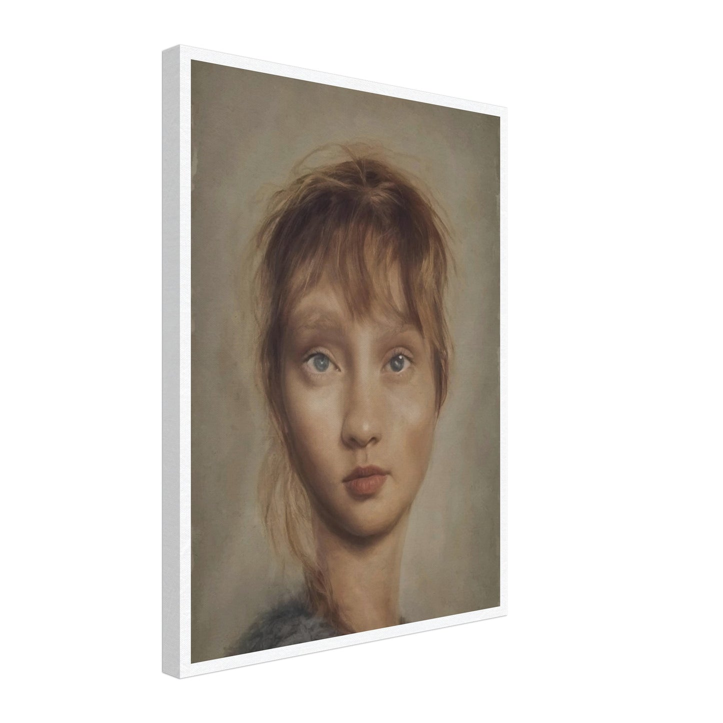 A realistic portrait of a young woman with soft features, pale blue eyes, and light brown hair, gazing forward with a serene expression in muted, natural tones.