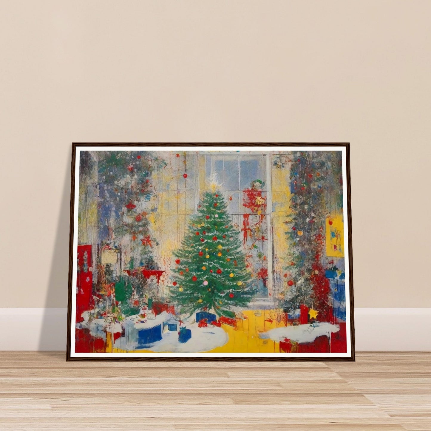 A vibrant painting of a festive living room with a beautifully decorated Christmas tree, glowing lights, and wrapped presents by a large window.