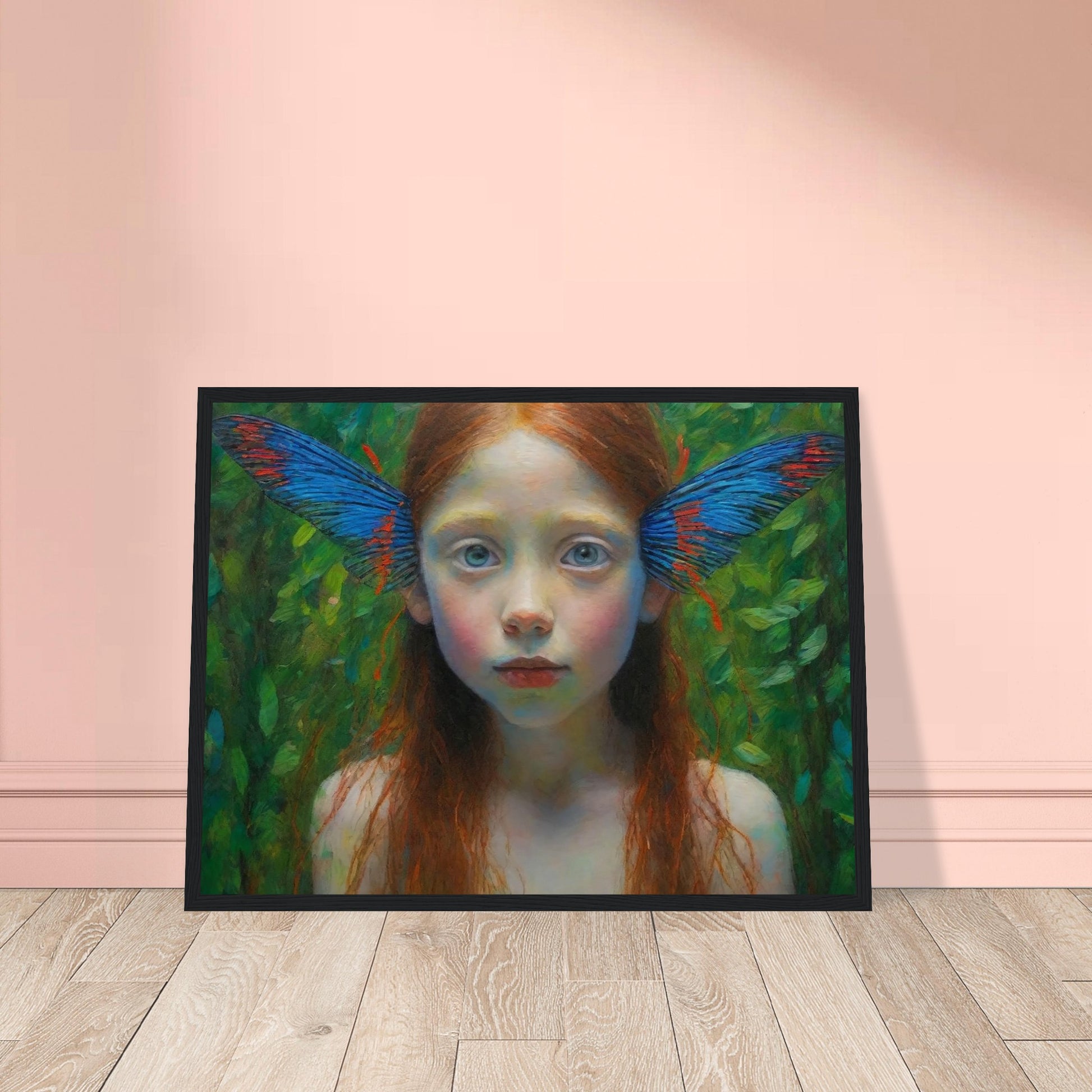 A realistic painting of a young girl with long red hair and vibrant butterfly wings emerging from her ears. She stands against a lush green background, looking directly at the viewer.