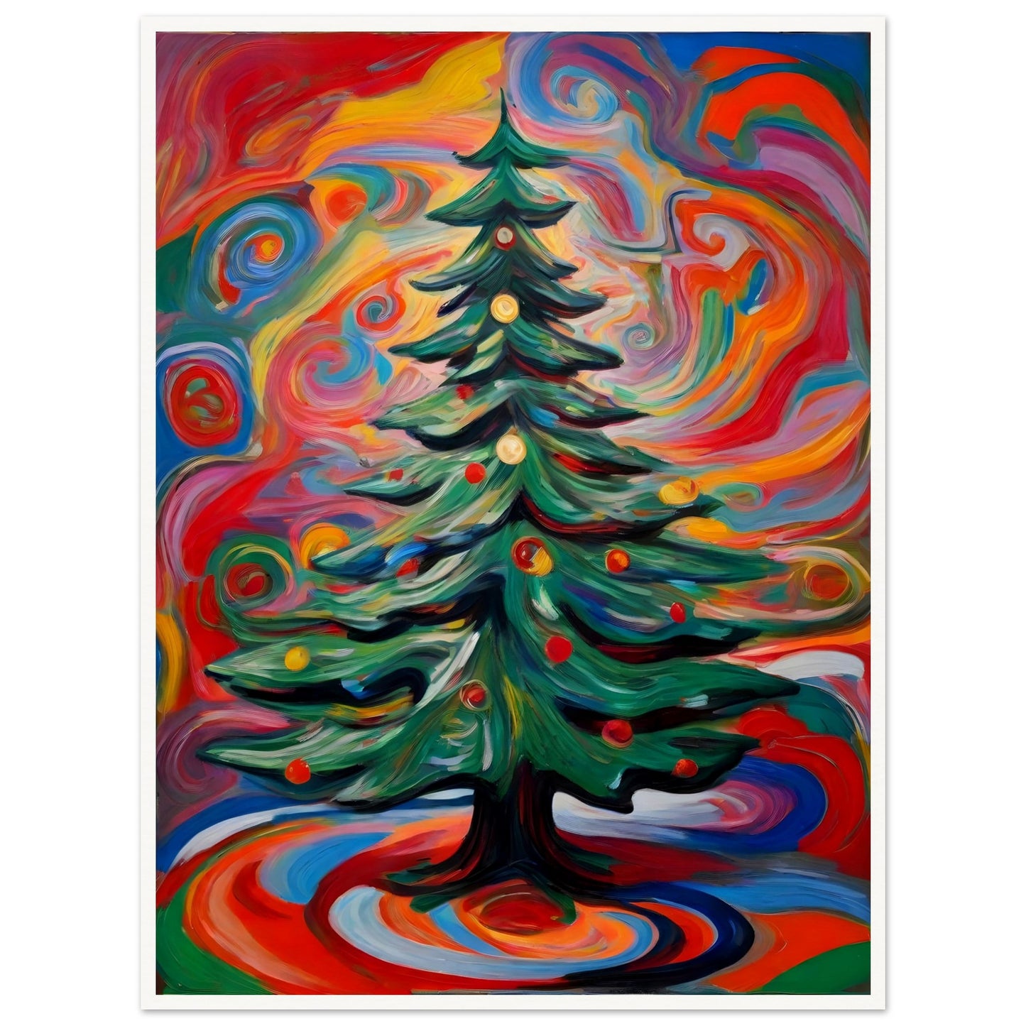A vivid painting of a decorated Christmas tree surrounded by colorful, swirling patterns in vibrant red, orange, green, and blue hues.