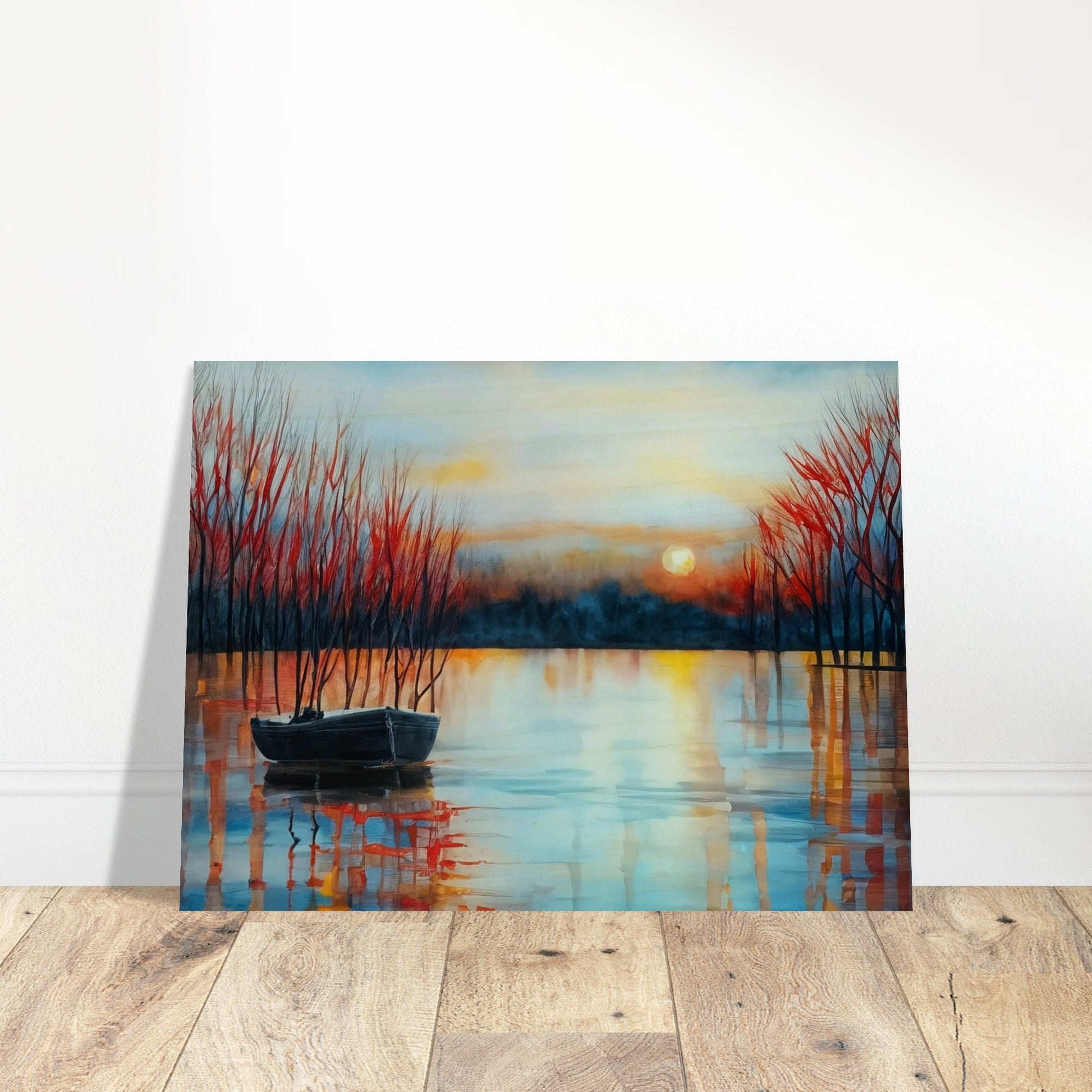 A tranquil lake at sunset with a small boat anchored near bare trees, reflecting the warm hues of the setting sun.