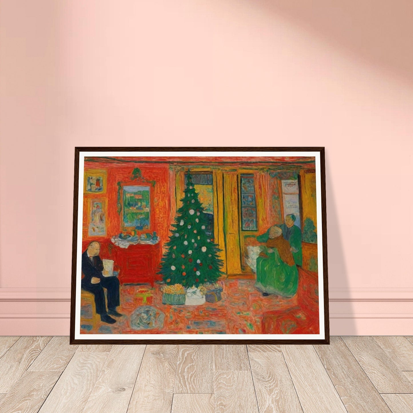 A colorful, cozy living room featuring a decorated Christmas tree, with family members preparing for the holiday in a warm and inviting atmosphere.