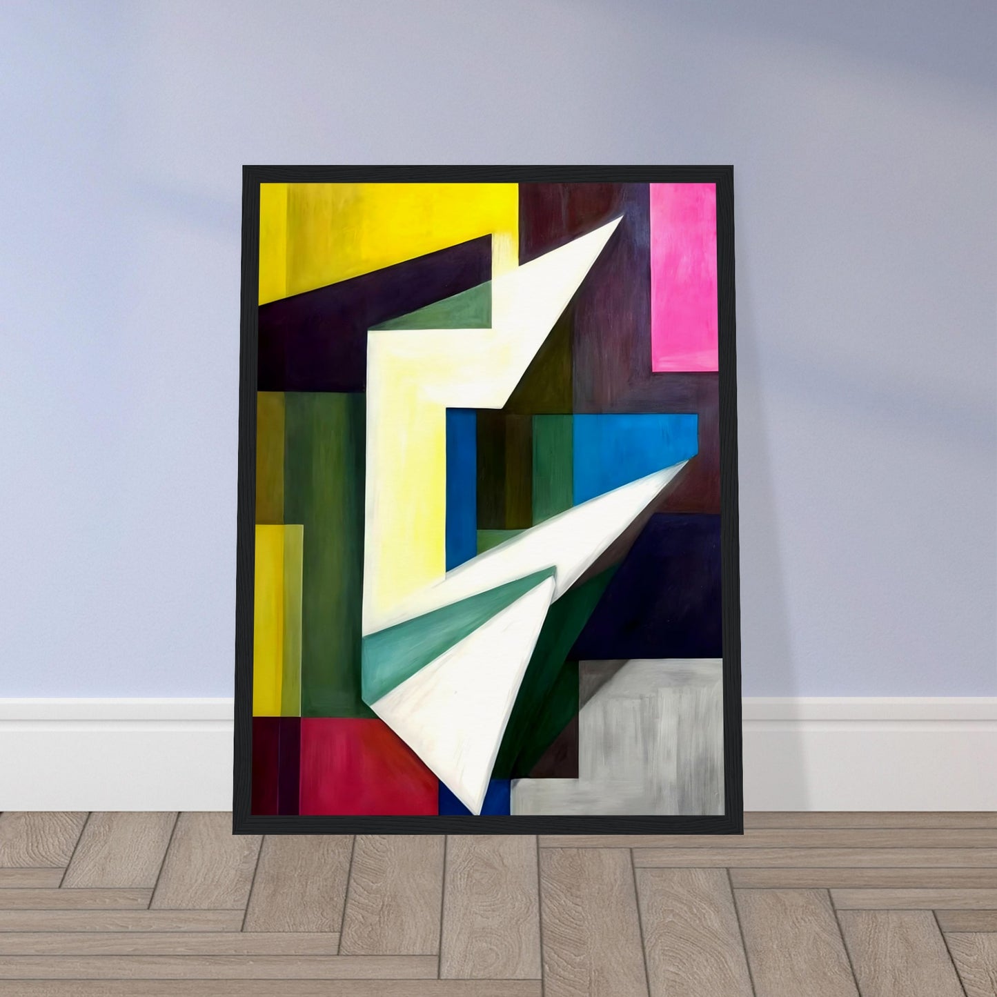 A bold geometric composition featuring sharp angles and planes, with vibrant blocks of yellow, green, blue, and pink forming a dynamic interplay of light and shadow.