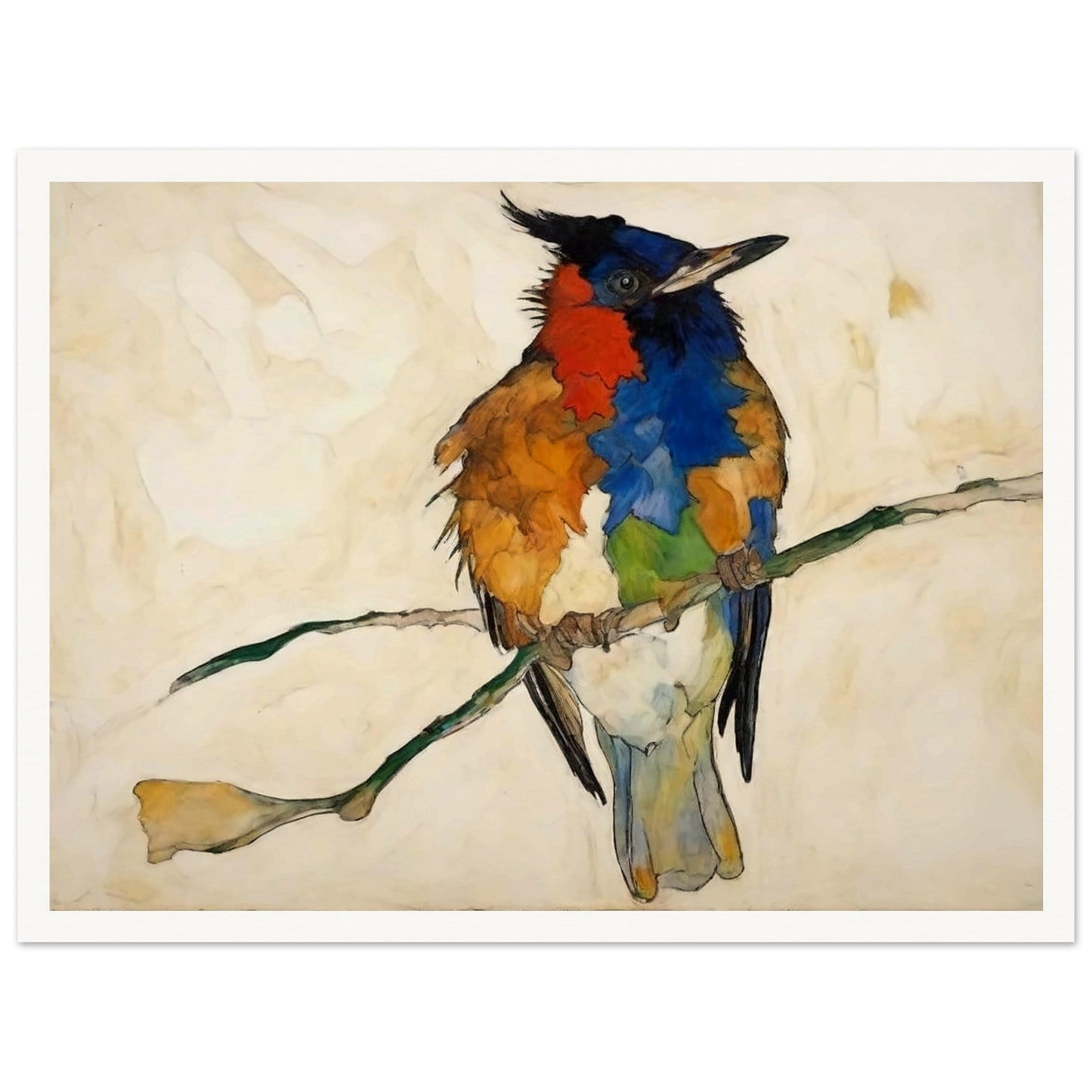 "A vivid painting of a multi-colored bird perched on a branch, with bold patches of red, blue, orange, and green feathers against a light background."