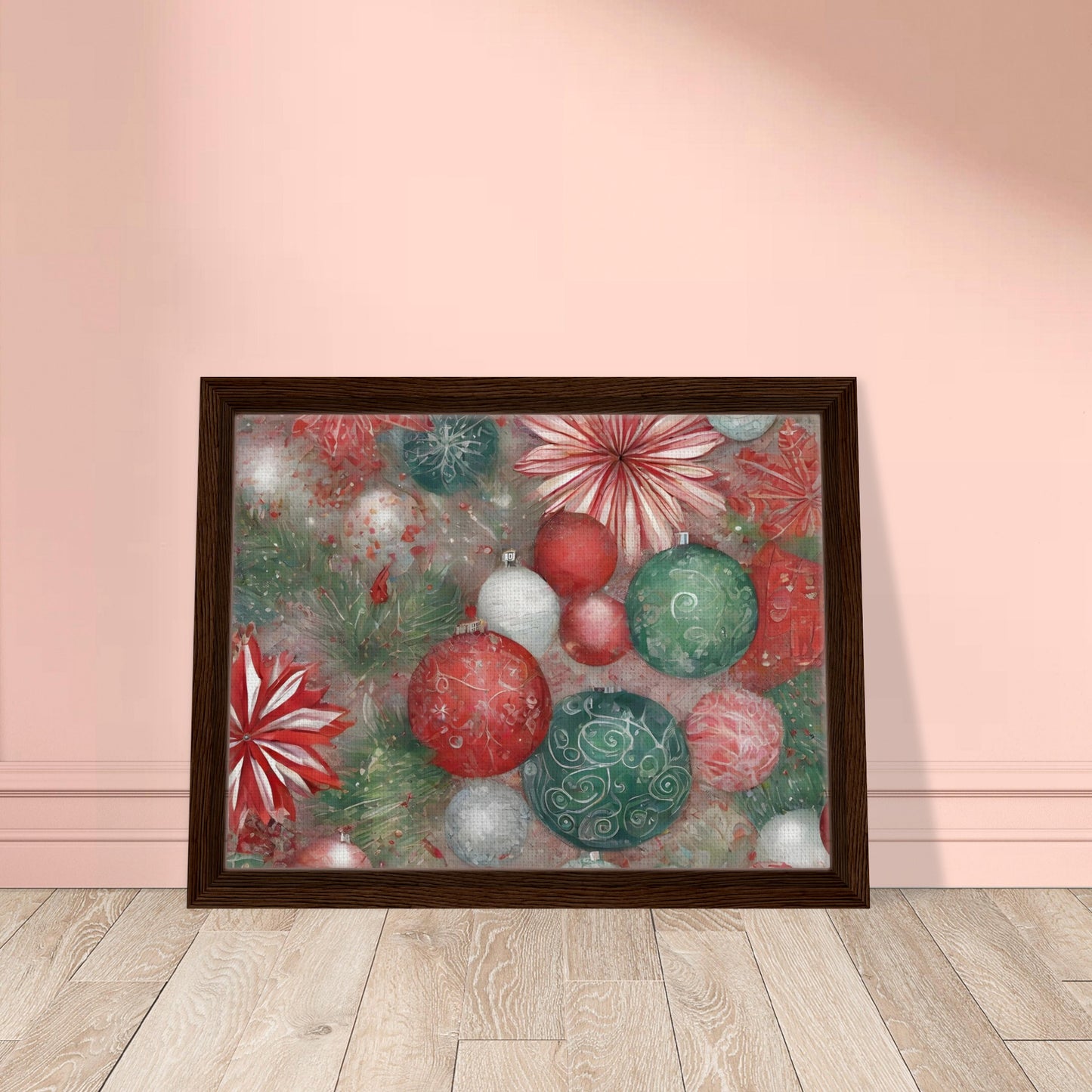 A vibrant festive artwork featuring red, green, and white Christmas ornaments, delicate floral patterns, and evergreen branches, evoking holiday cheer.