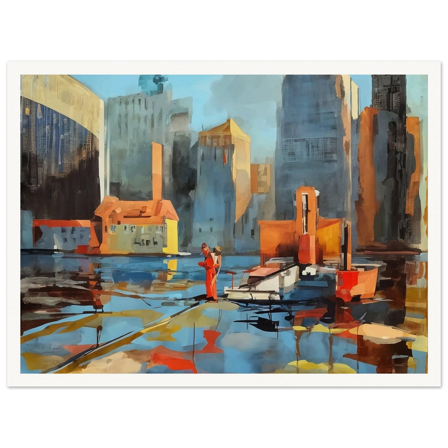 A colorful cityscape featuring tall buildings and a waterfront, with reflections dancing on the water. A person dressed in red stands out amidst the urban environment, creating a dynamic contrast.
