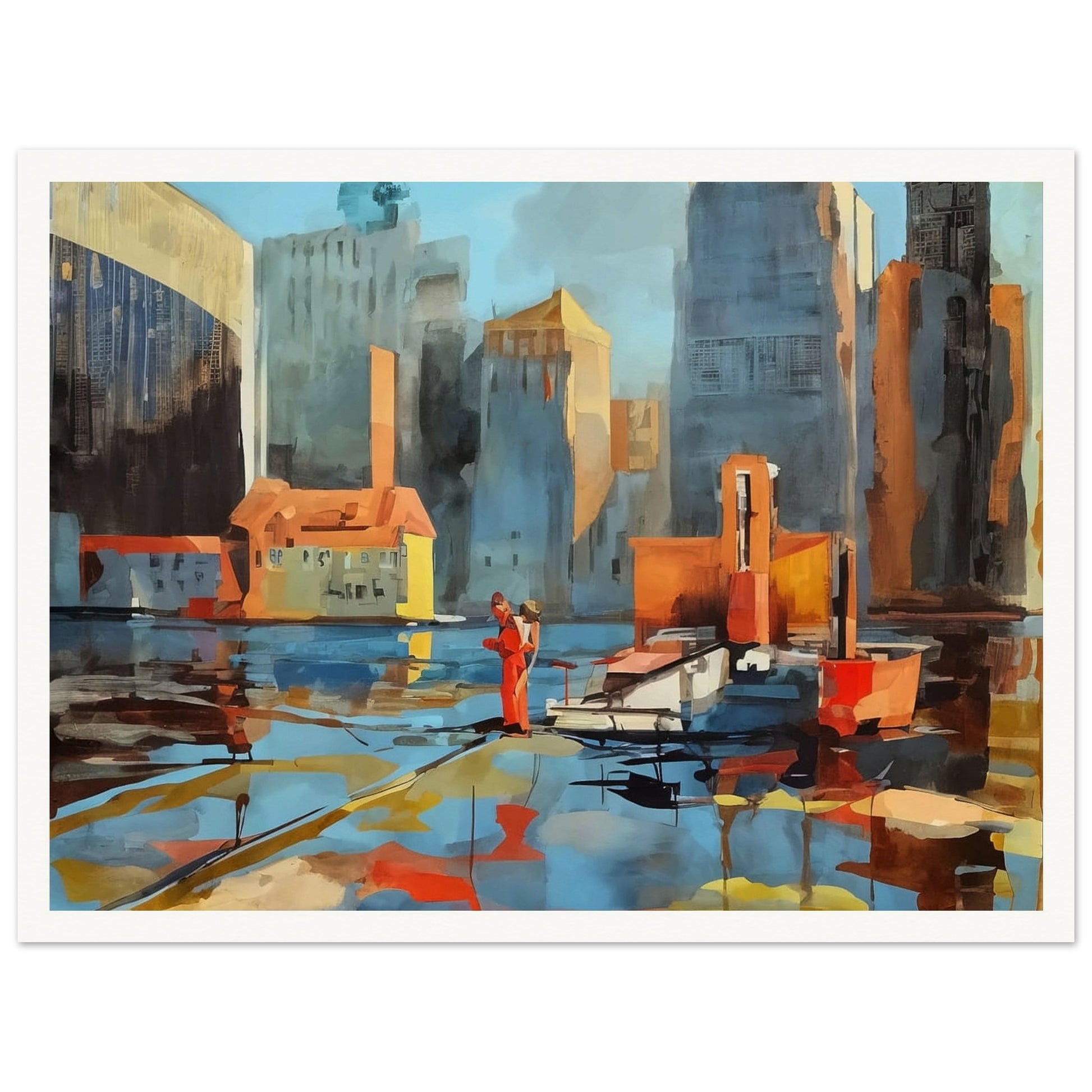 A colorful cityscape featuring tall buildings and a waterfront, with reflections dancing on the water. A person dressed in red stands out amidst the urban environment, creating a dynamic contrast.