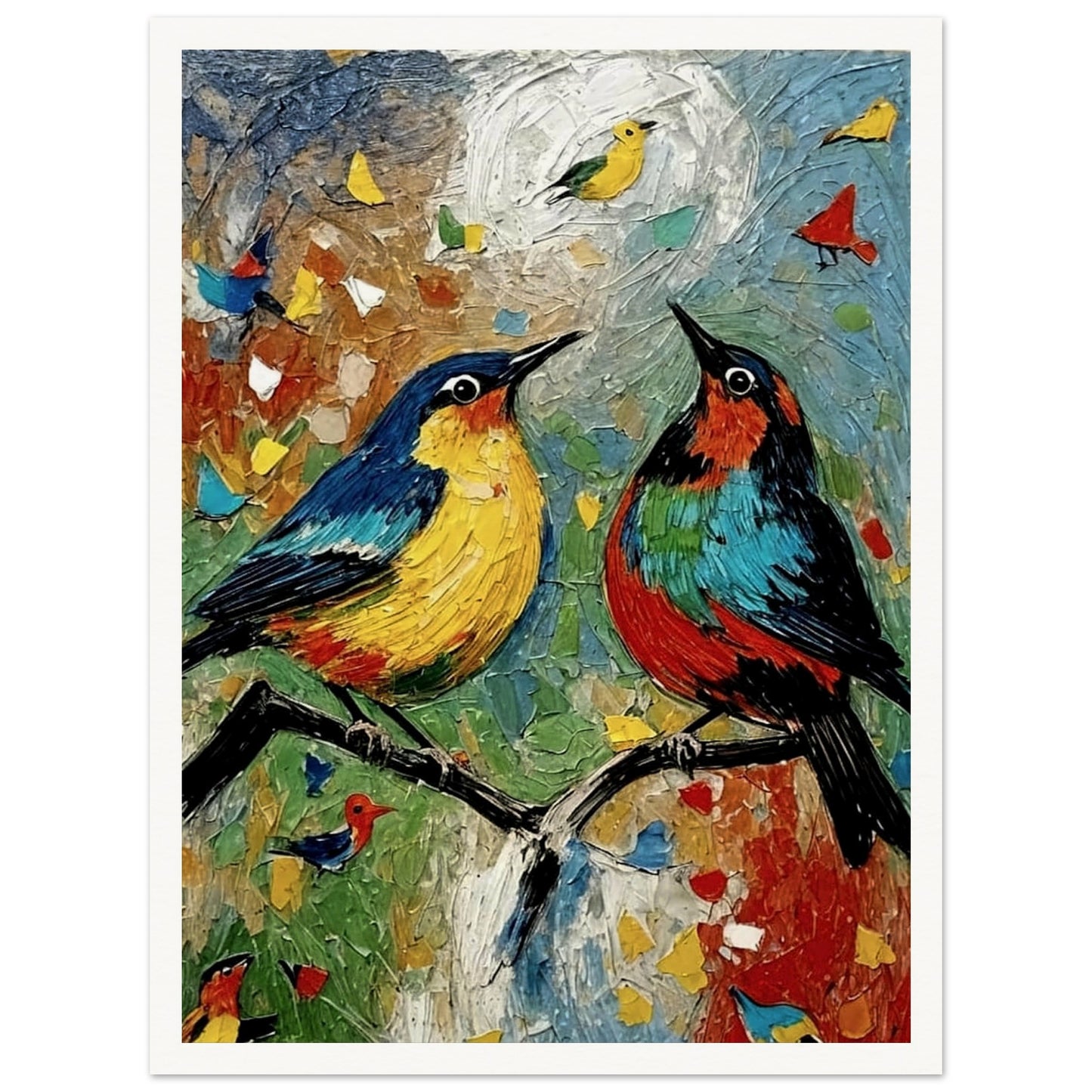 A vibrant painting of two colorful birds, one yellow and blue and the other red and green, perched on branches with a lively background of bright textures and small birds in flight.