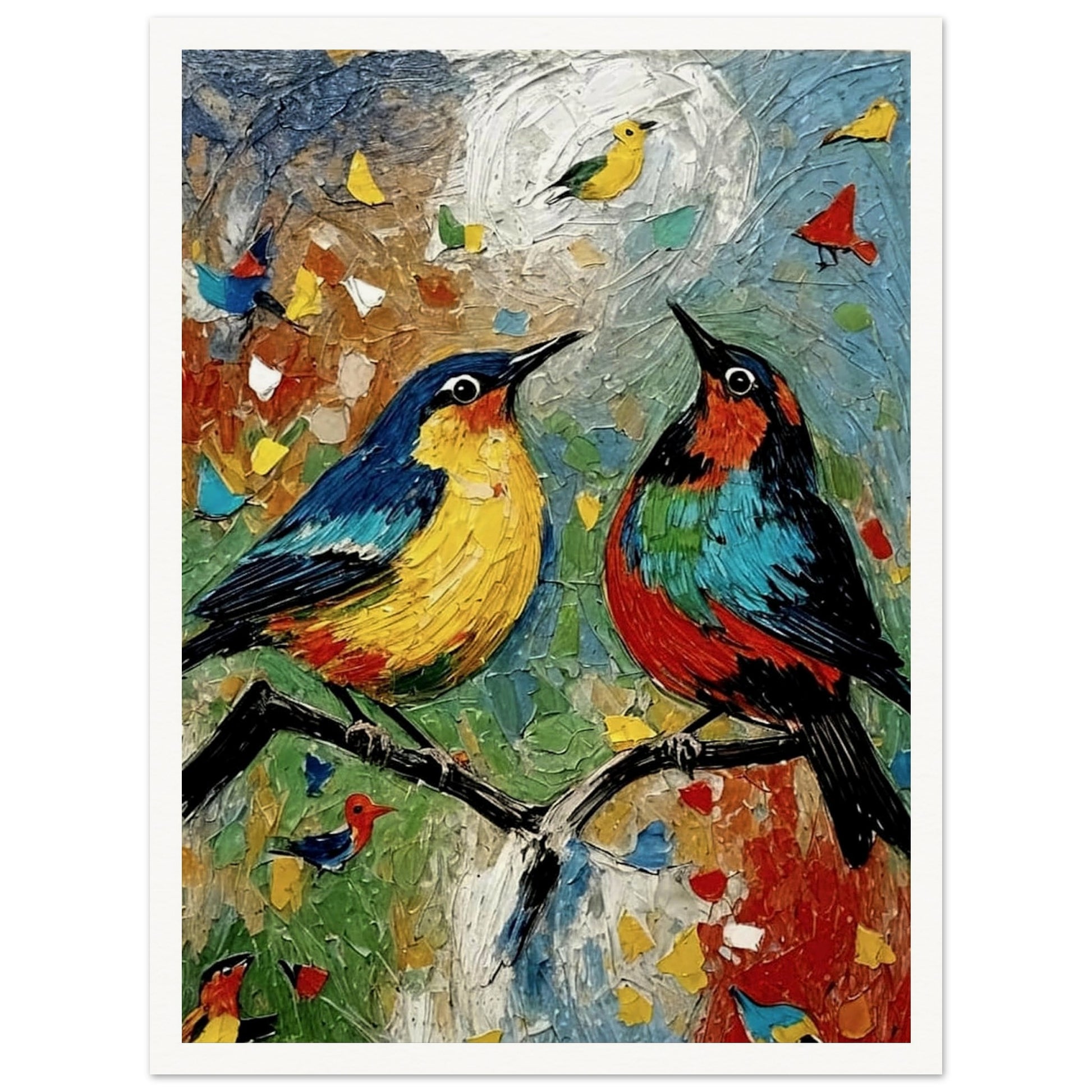 A vibrant painting of two colorful birds, one yellow and blue and the other red and green, perched on branches with a lively background of bright textures and small birds in flight.