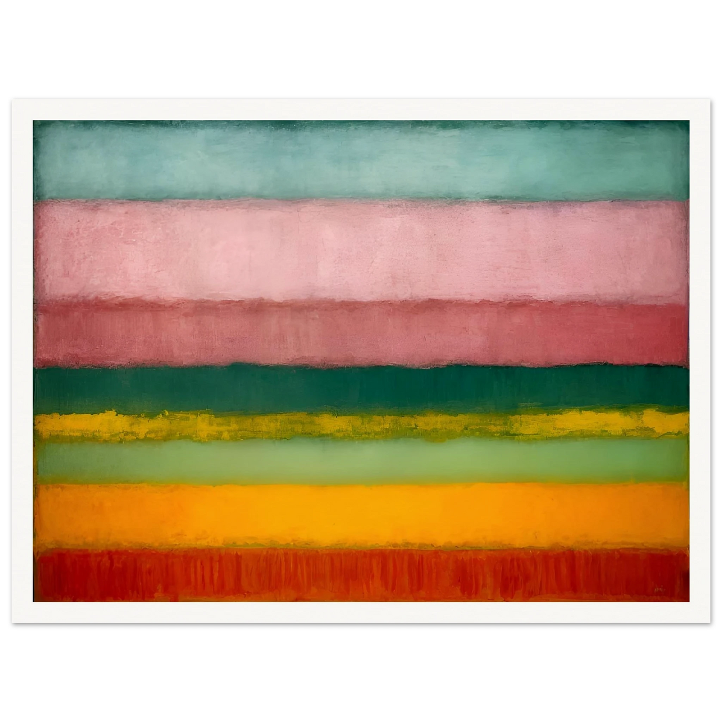 A minimalist painting of horizontal color bands fading softly from one to another in pink, green, yellow, and red tones.