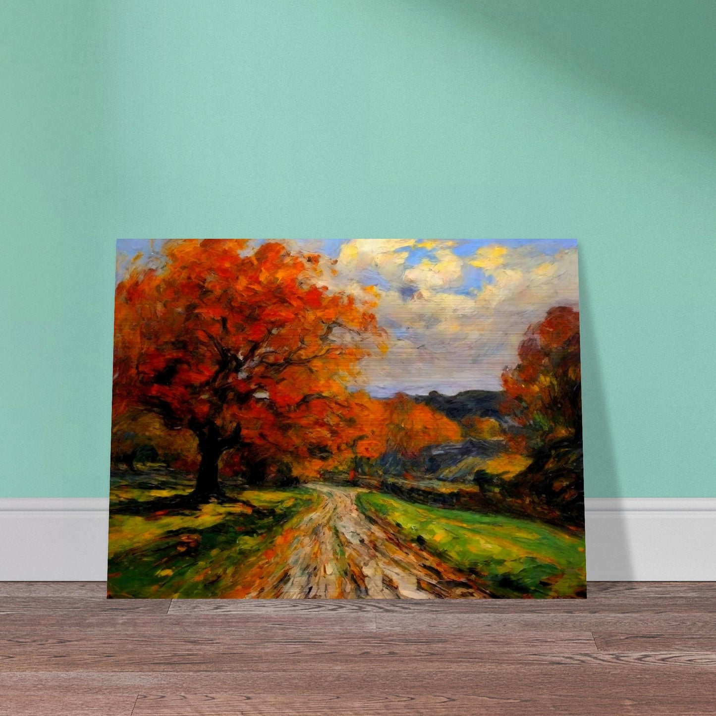 "A beautiful autumn landscape featuring a winding path surrounded by trees with vibrant orange and red leaves under a bright sky."