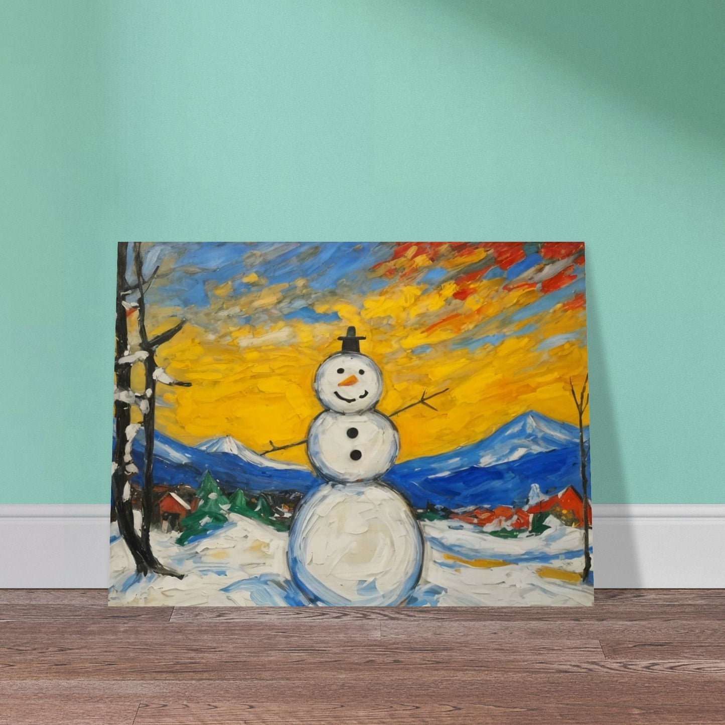 A cheerful snowman stands in a snowy village landscape with a vibrant yellow and orange sunrise, framed by mountains and trees, bringing joy to the winter scene.