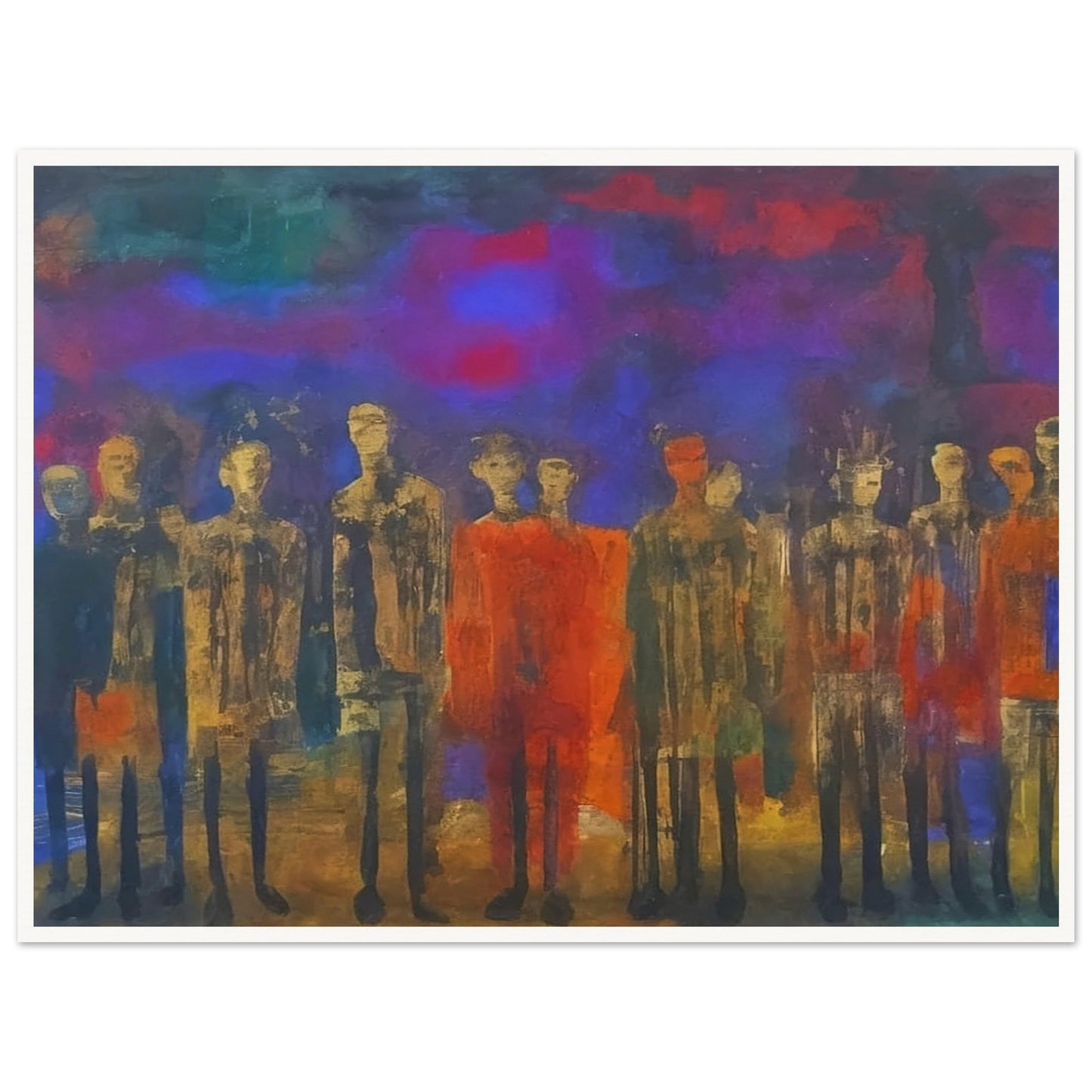 A mysterious gathering of figures in muted tones, set against a vibrant, multicolored backdrop that evokes a sense of silent contemplation.