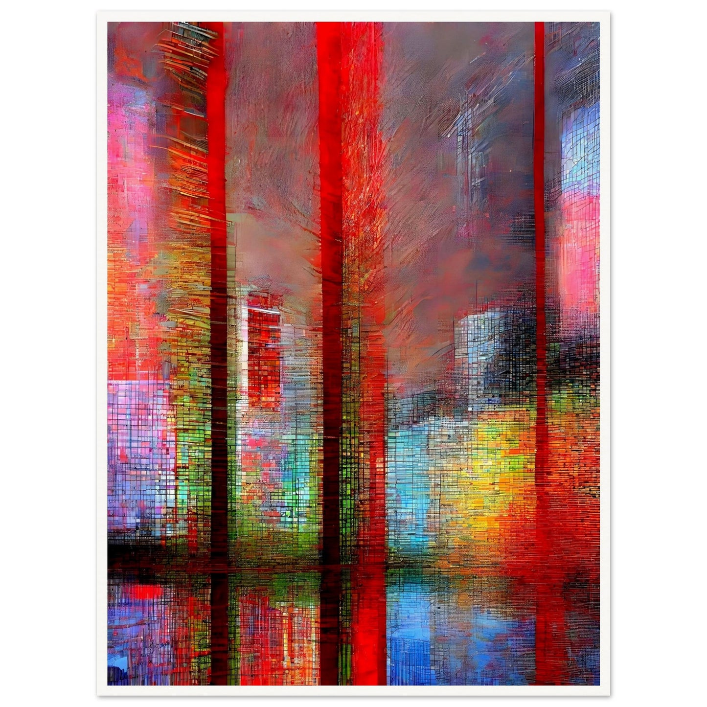 A vibrant abstract cityscape featuring tall red structures, colorful reflections, and a textured urban atmosphere in shades of red, blue, and yellow.