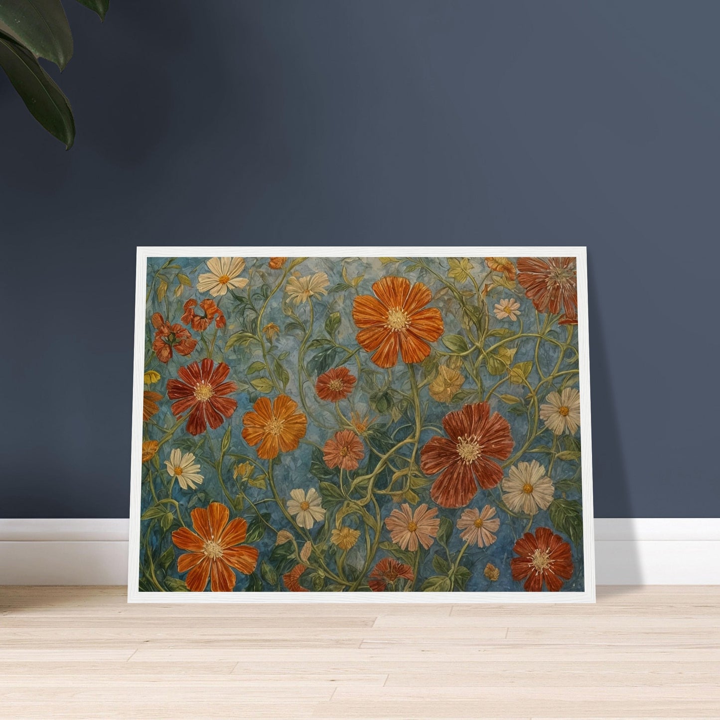 A detailed painting of various orange and white flowers with lush green stems against a blue background.