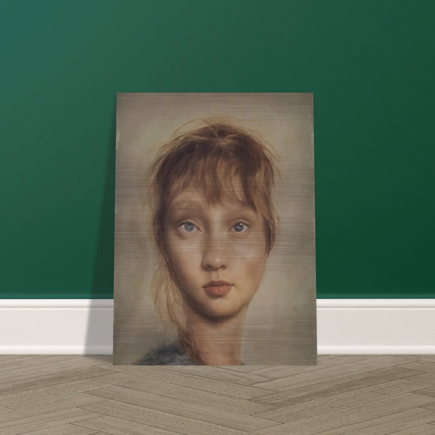 A realistic portrait of a young woman with soft features, pale blue eyes, and light brown hair, gazing forward with a serene expression in muted, natural tones.