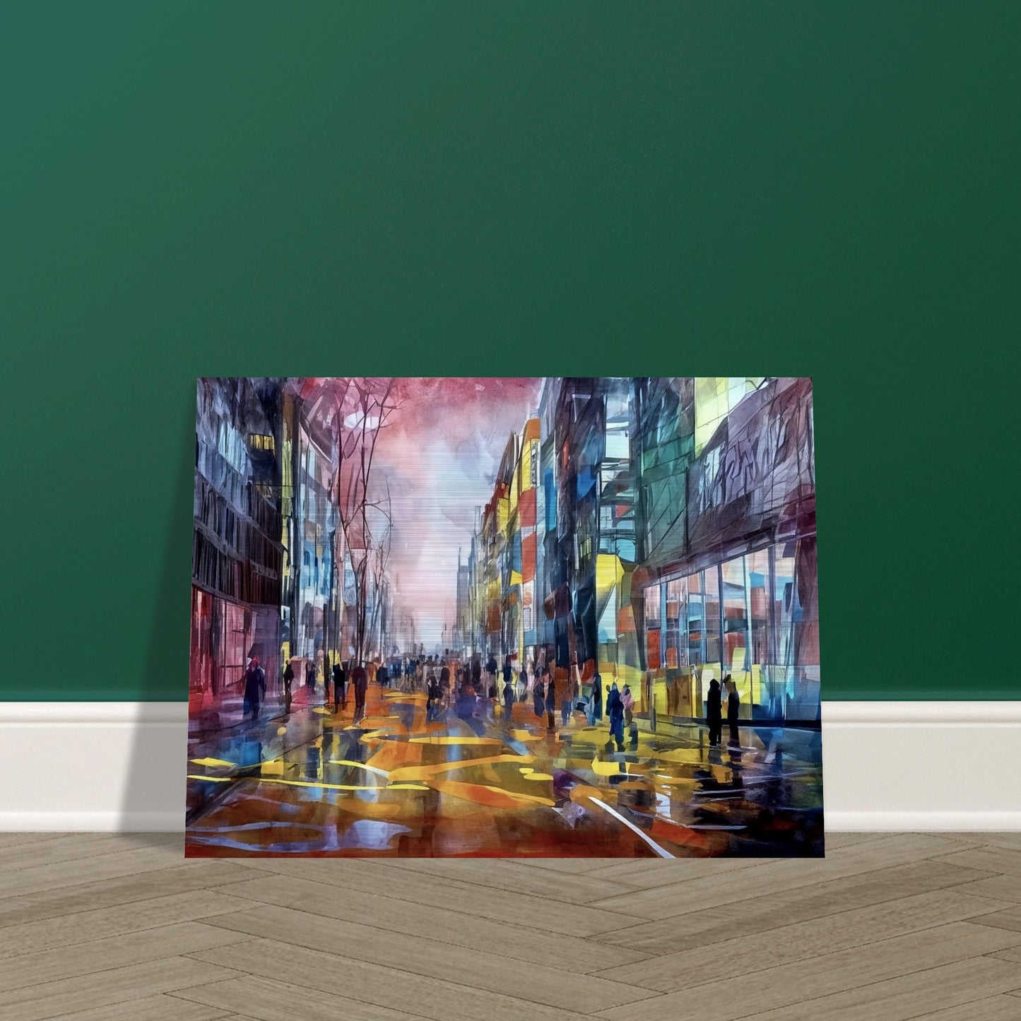 A colorful urban scene depicting people walking down a city street lined with tall buildings, illuminated by vibrant reflections of city lights and set against a dramatic sky.