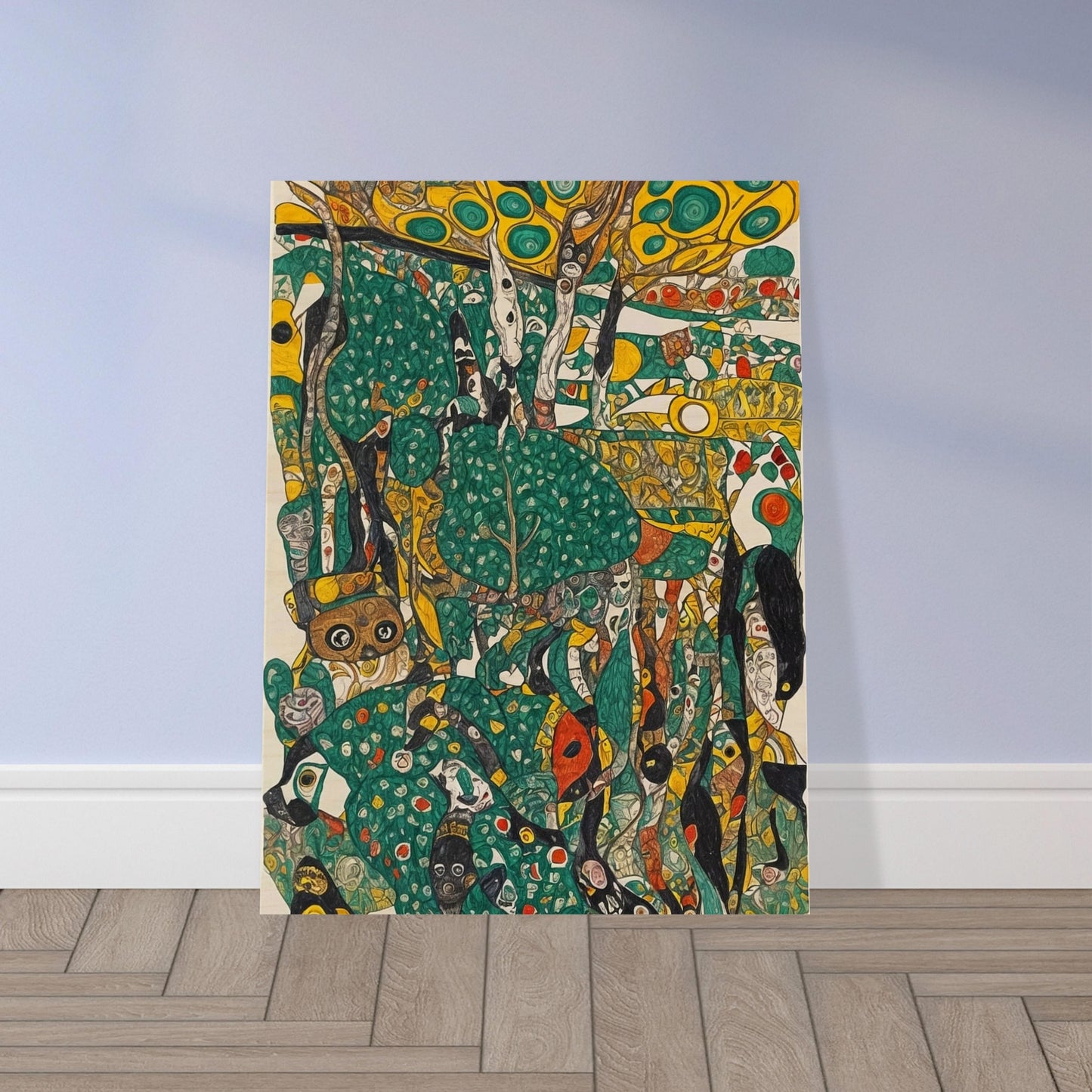 An intricate and colorful painting depicting a whimsical jungle scene with abstract shapes and vibrant green, yellow, and orange hues.