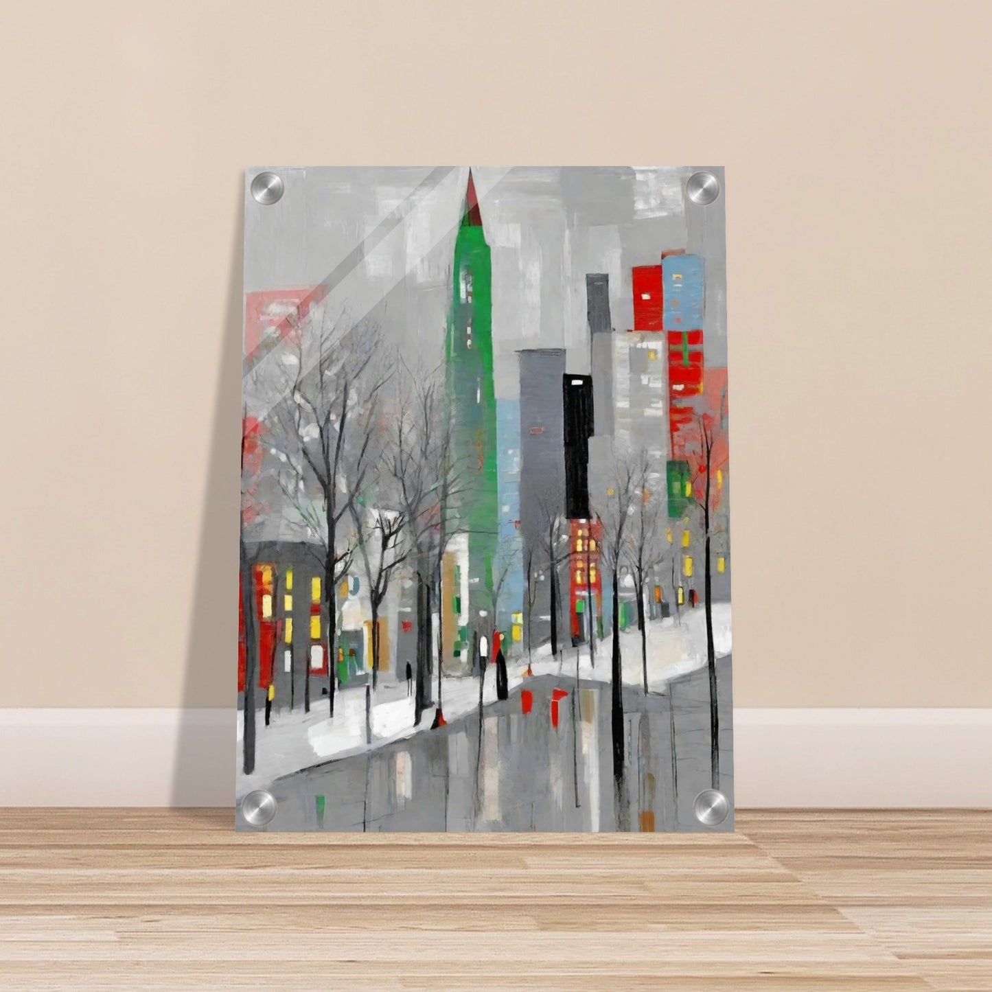 A modern winter cityscape featuring tall buildings in muted tones with pops of red and green, leafless trees, and snow-covered streets.