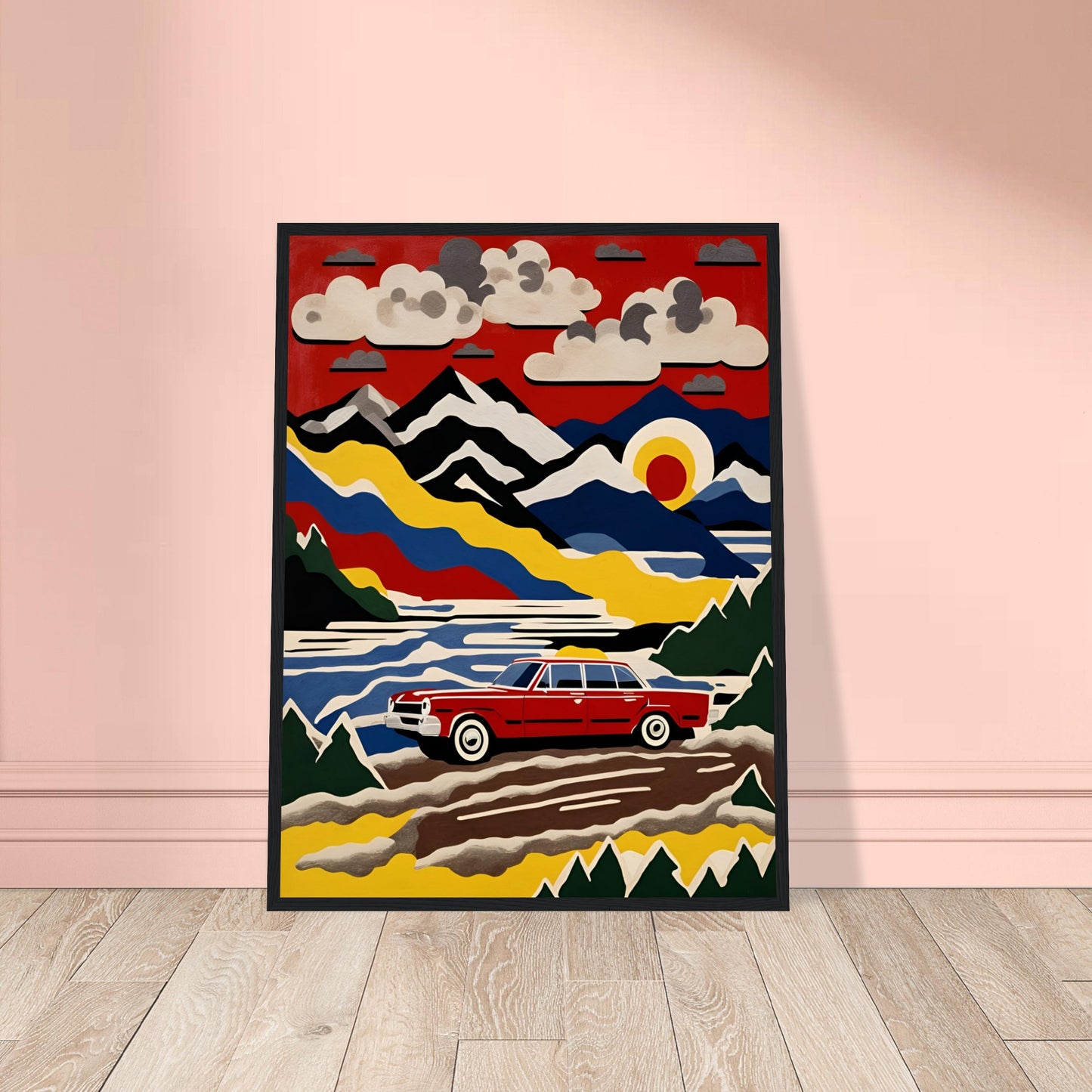A vibrant, stylized painting of a classic red car driving through a colorful mountain landscape under a bold red sky with clouds and a setting sun.