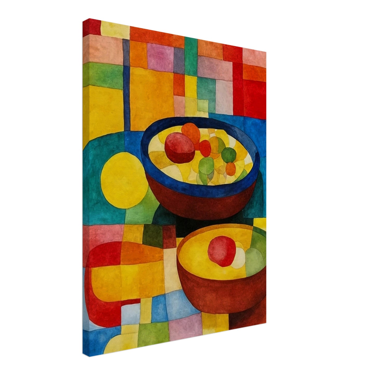 Brightly colored bowls filled with vibrant fruits rest on a multicolored geometric surface, surrounded by warm and cool hues in a mosaic style.
