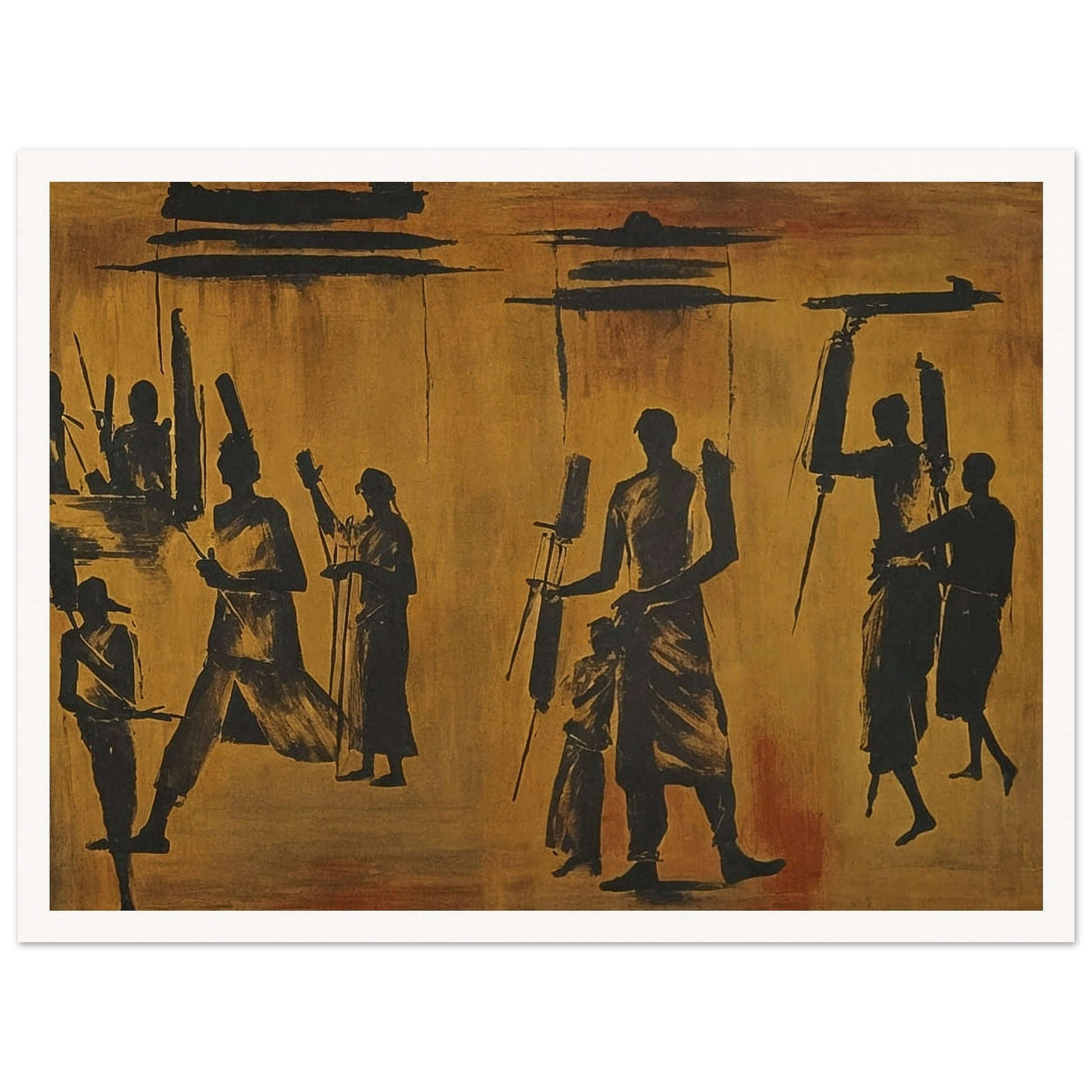 A painting of dark silhouettes of people in motion against a warm, textured background, evoking a sense of movement and rhythm.
