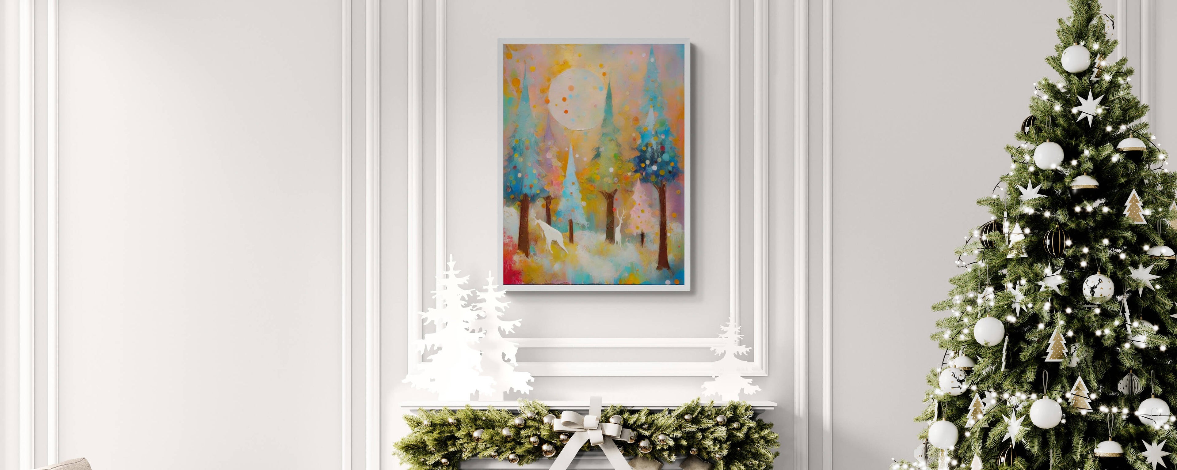 Festive Christmas wall art featuring a colorful abstract winter forest scene with decorated trees, styled above a holiday mantel with greenery and ornaments.