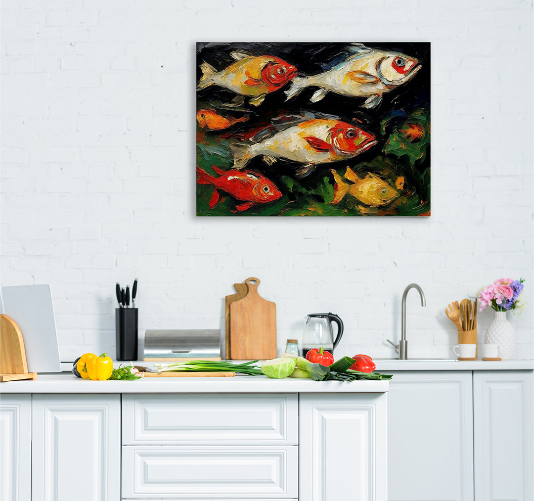 Contemporary kitchen with white cabinets, fresh vegetables on the counter, and vibrant koi fish wall art displayed on a white brick wall above the workspace.