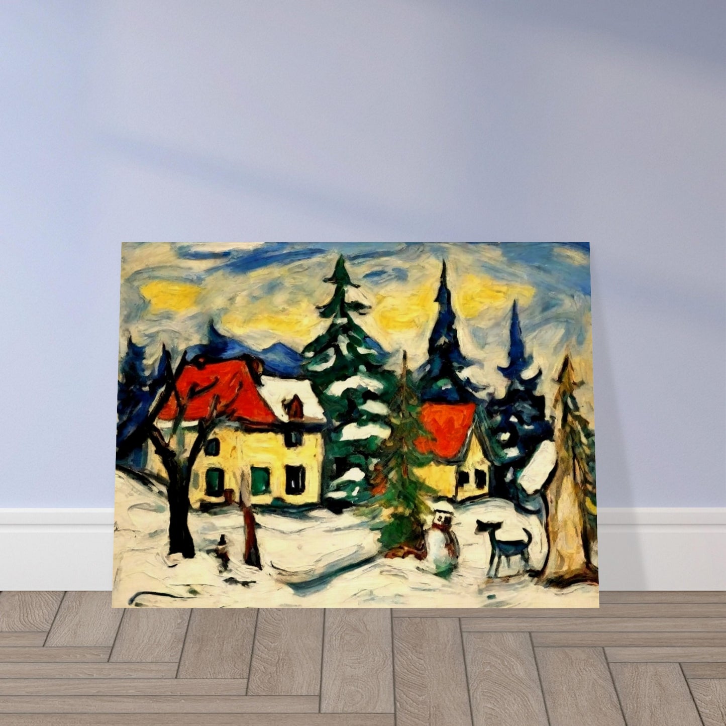 A picturesque village scene with snow-covered cabins, tall pine trees, and a snowman under a golden-yellow sky, capturing the peaceful charm of a winter landscape.