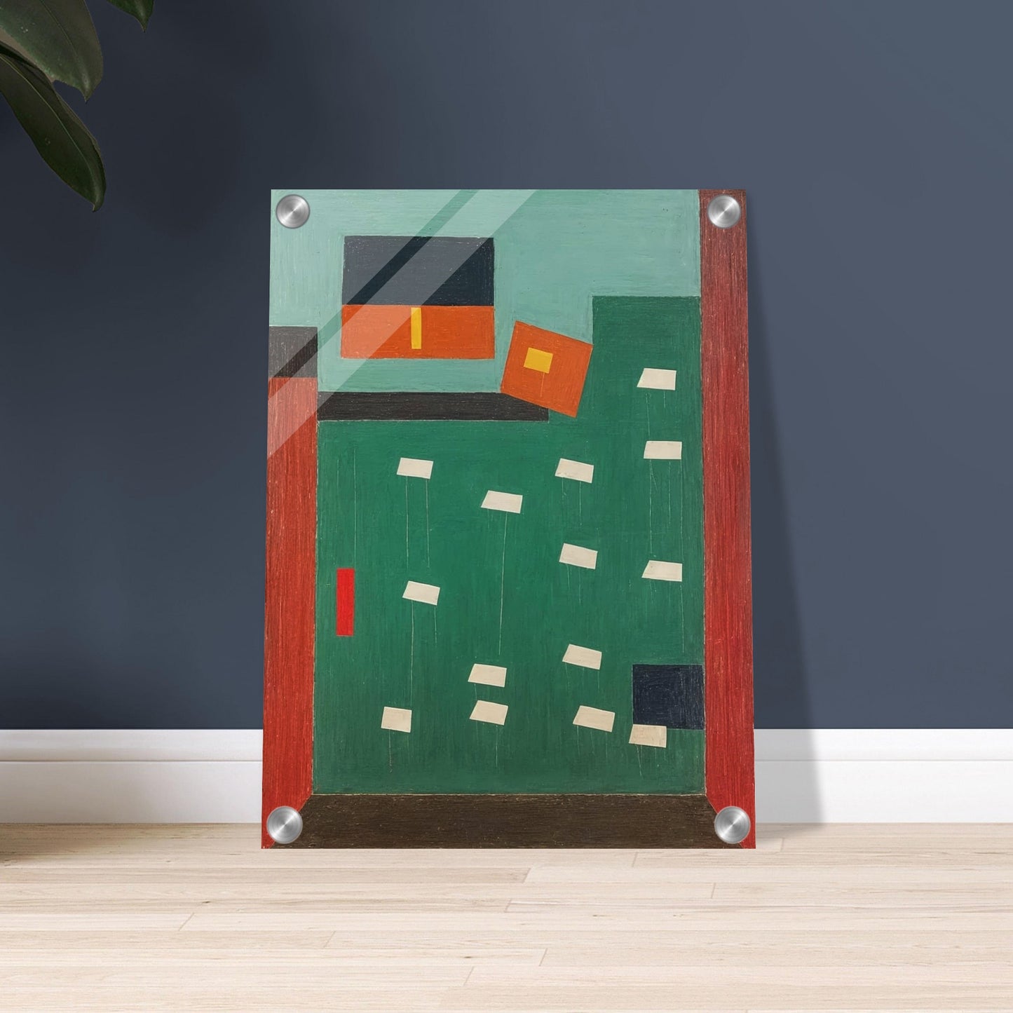 A geometric composition featuring bold blocks of color with shapes suspended in a grid-like pattern, creating a sense of structured order.