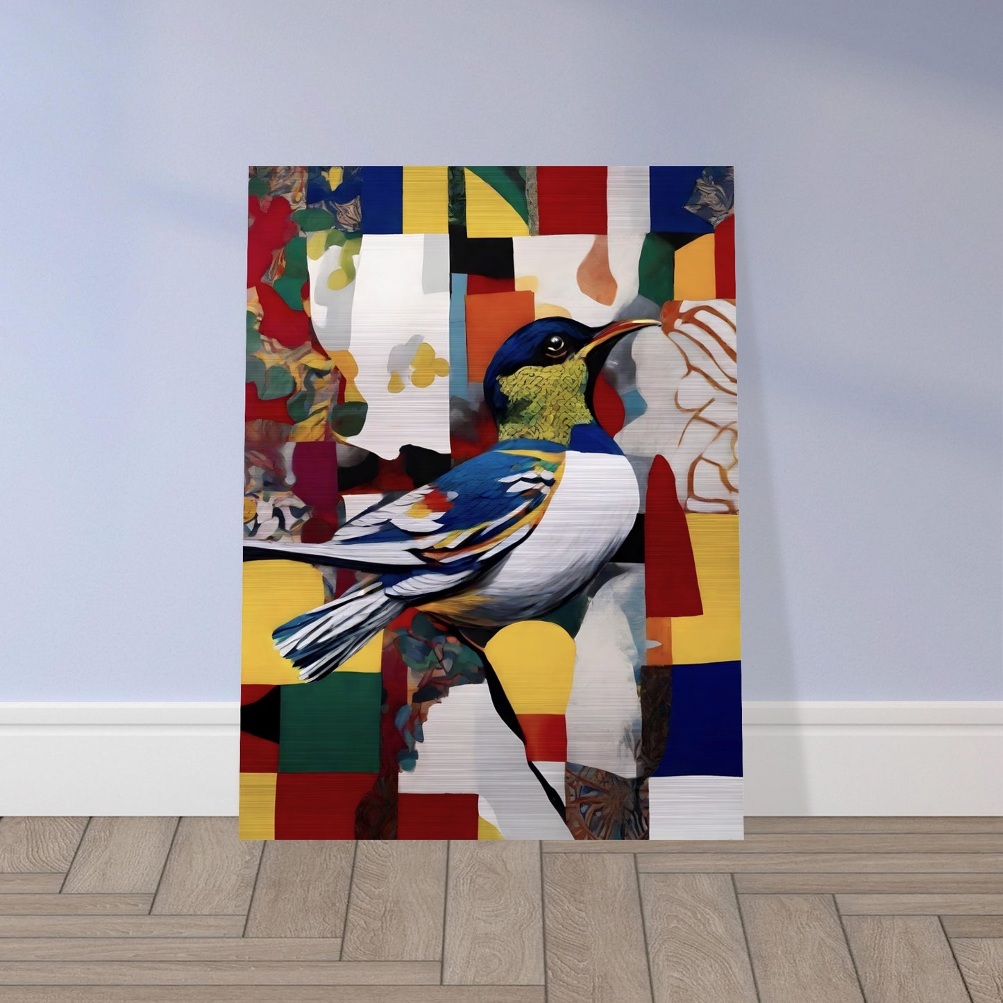 A colorful painting of a bird with intricate blue, yellow, and white feathers perched on a branch, set against a patchwork background of bold geometric shapes and vibrant hues.