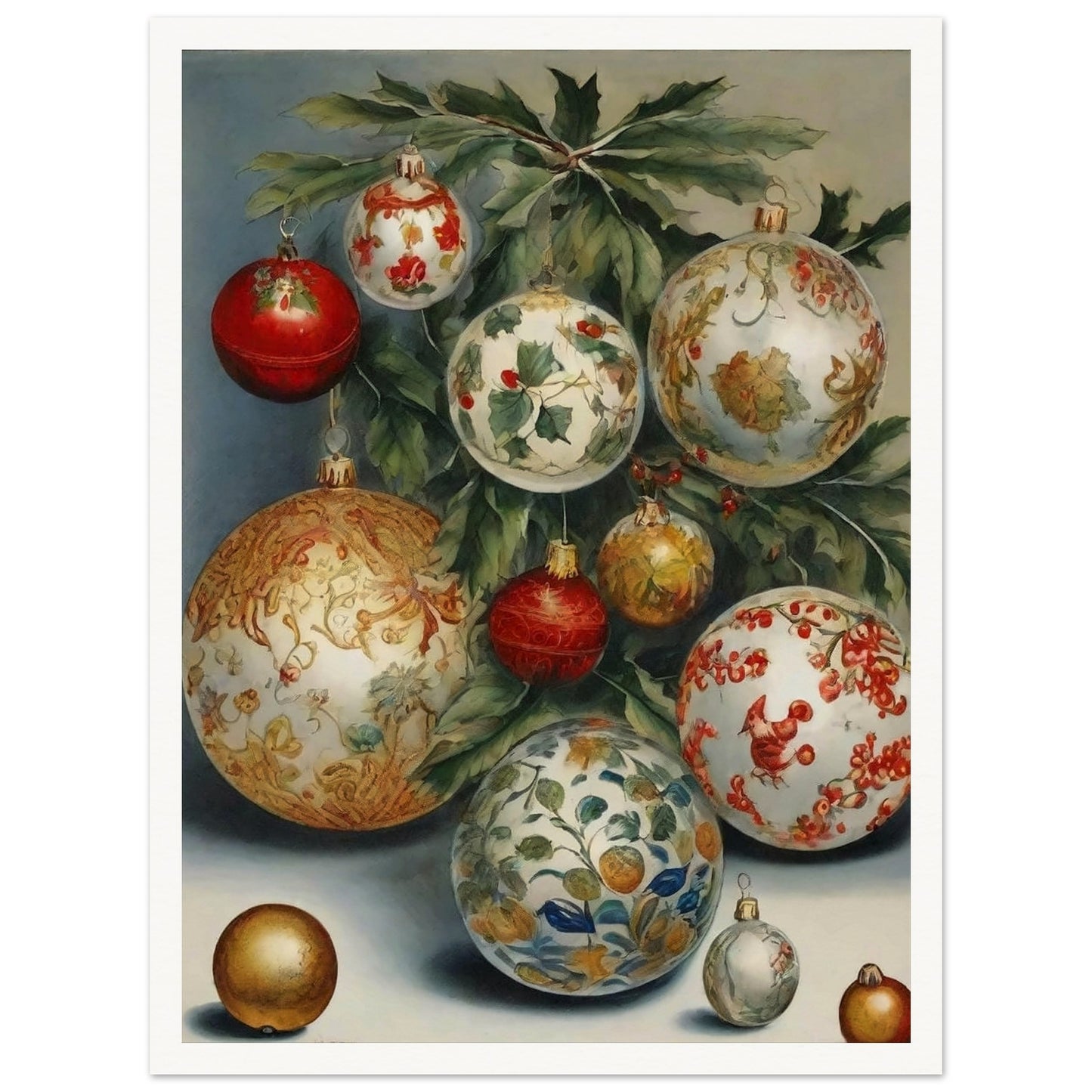 A collection of intricately designed Christmas ornaments in red, gold, and white, adorned with holly and floral patterns, hanging from green branches in an elegant holiday display.