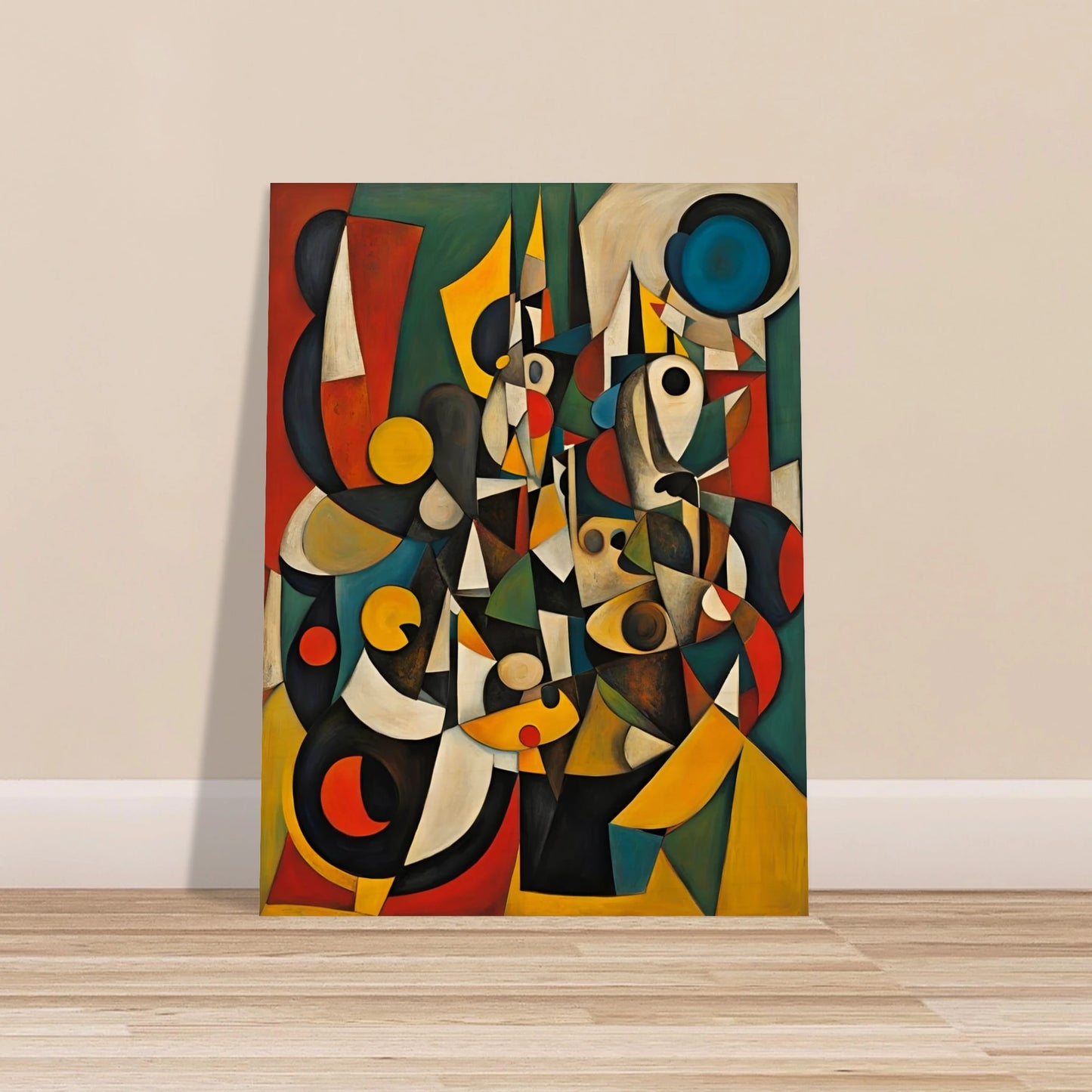 A vivid cubist-inspired painting with fragmented shapes, bold colors, and layered geometric forms that evoke human silhouettes and movement.