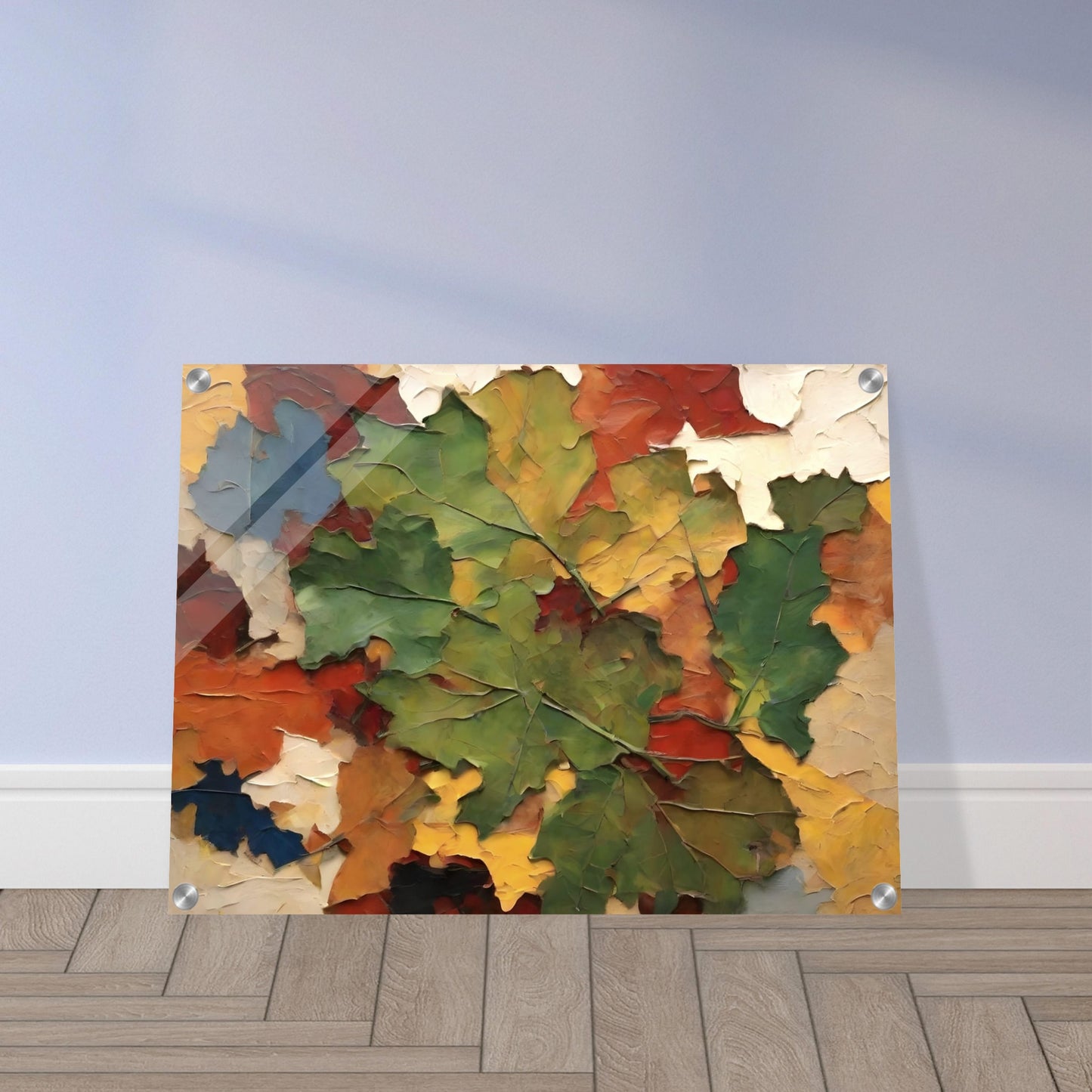 A textured painting of autumn leaves in vibrant shades of green, yellow, red, and orange, arranged in a layered, dynamic composition.