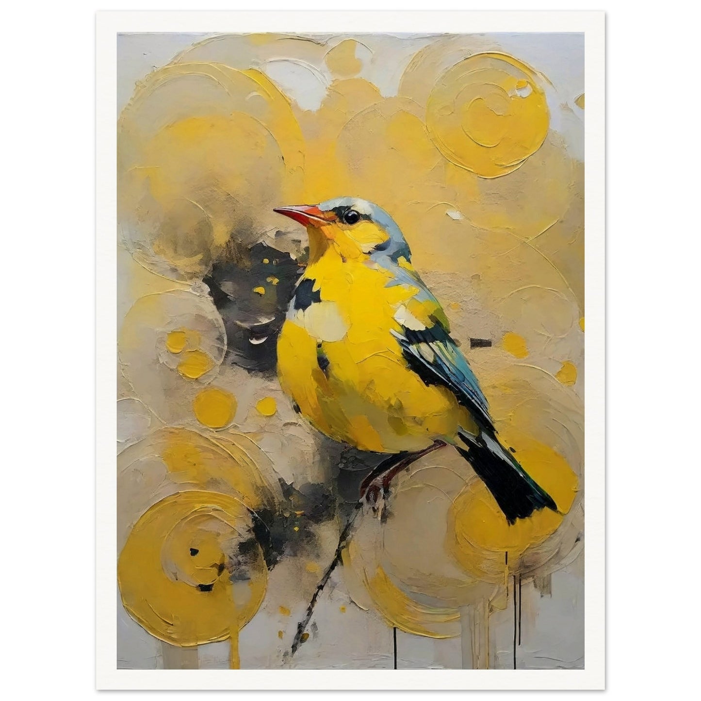 A vibrant painting of a yellow bird with blue accents, perched against a backdrop of swirling yellow patterns.