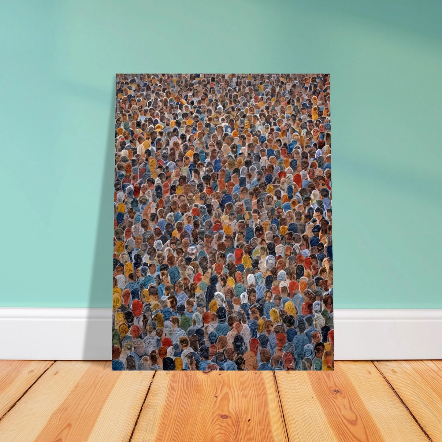 A densely packed crowd of diverse individuals wearing colorful clothing, viewed from above in a striking display of human unity.